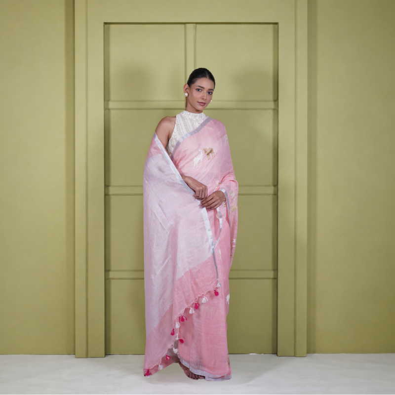 Pink Linen Cotton Pre Stitched Saree For Women
