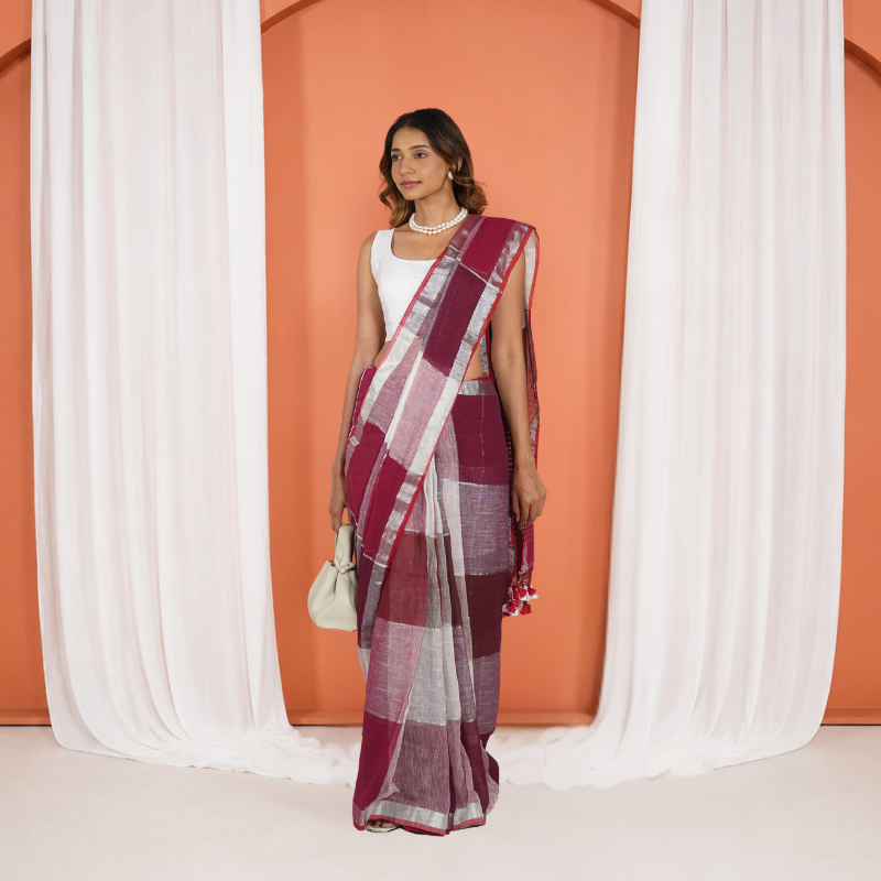 Maroon And Grey Pure Linen Pre Stitched Saree For Women