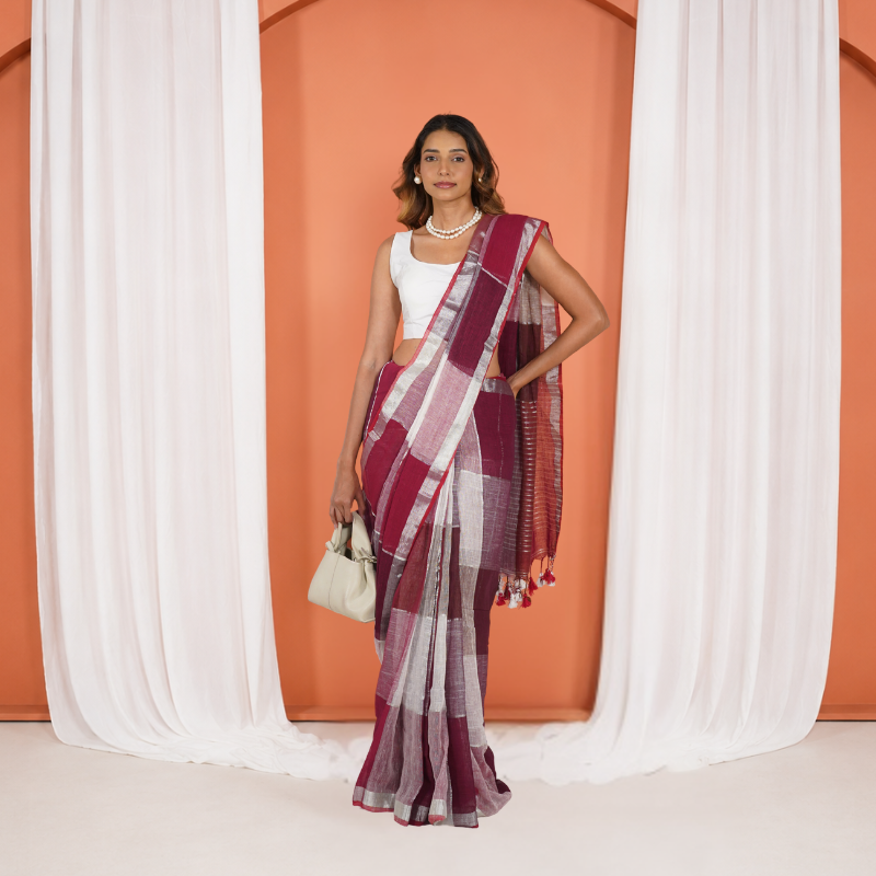 Maroon And Grey Pure Linen Pre Stitched Saree For Women