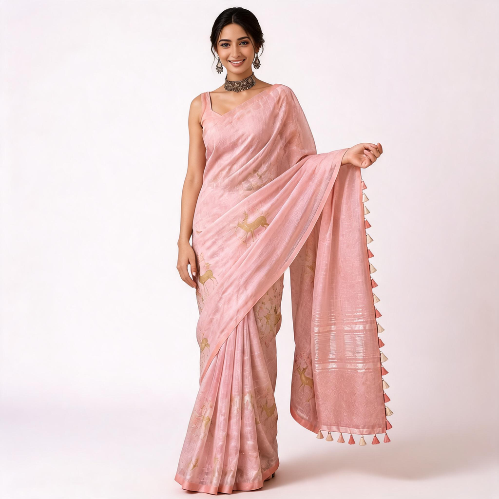 Pink Linen Cotton Pre Stitched Saree For Women