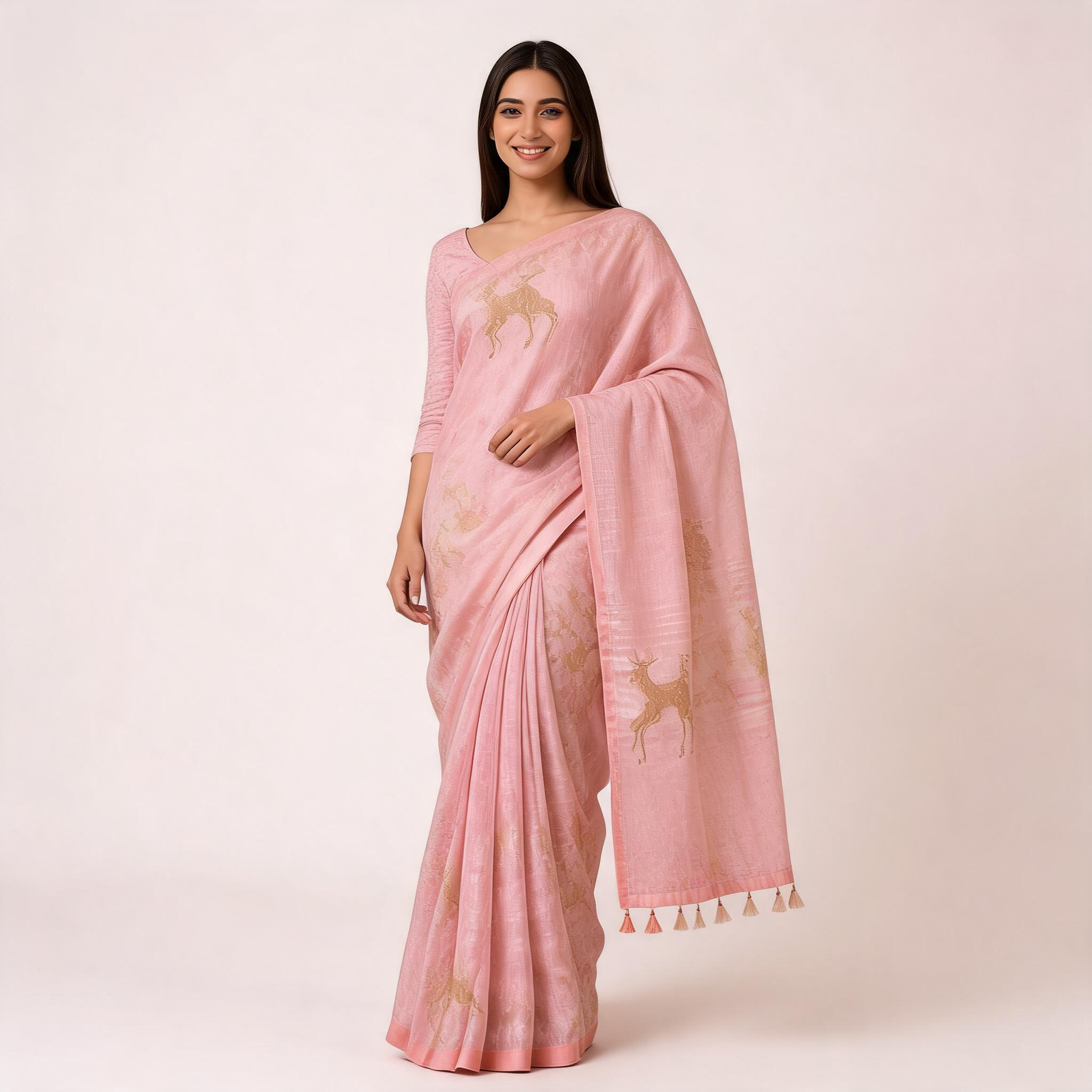 Pink Linen Cotton Pre Stitched Saree For Women