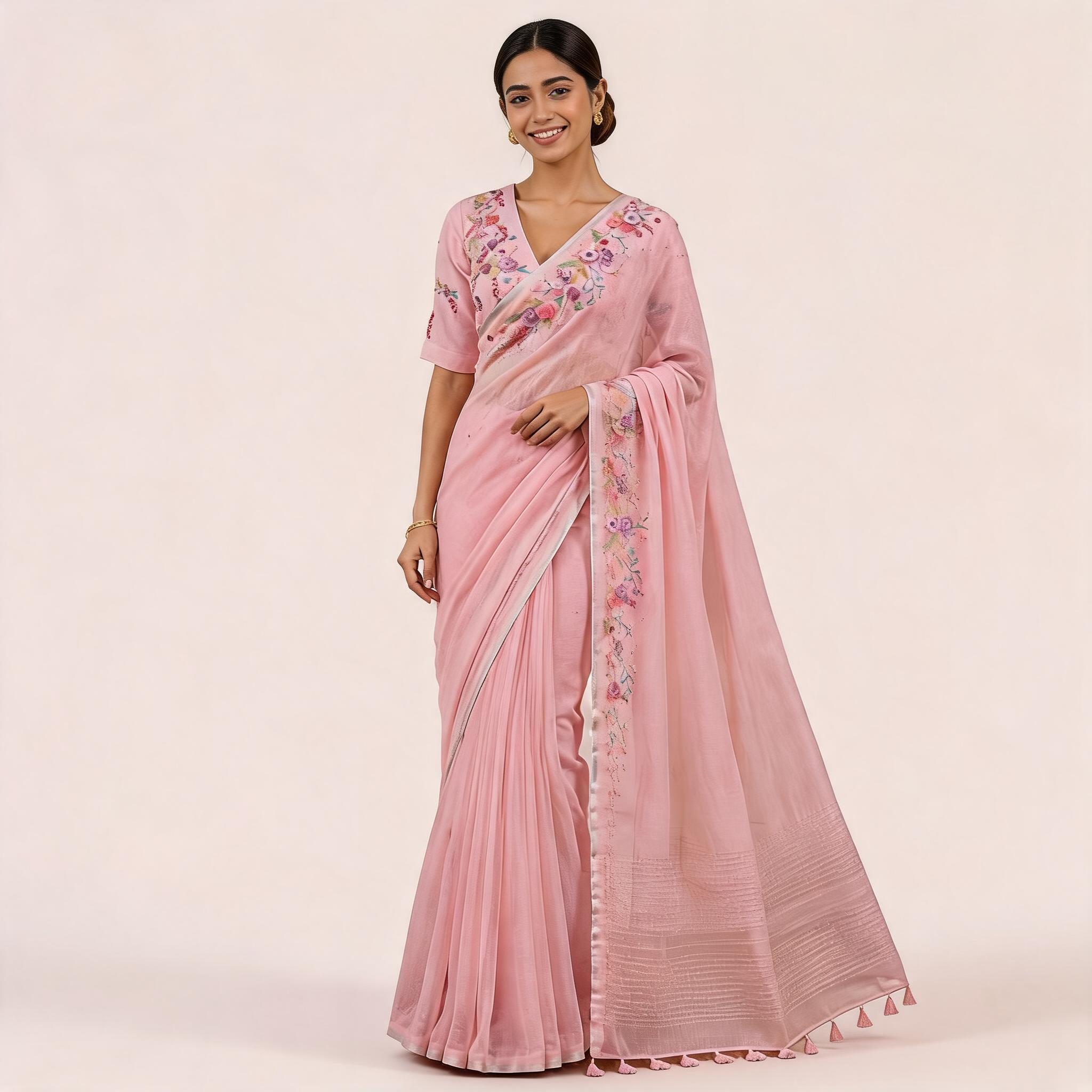 Pink Linen Cotton Embroidered Pre Stitched Saree For Women