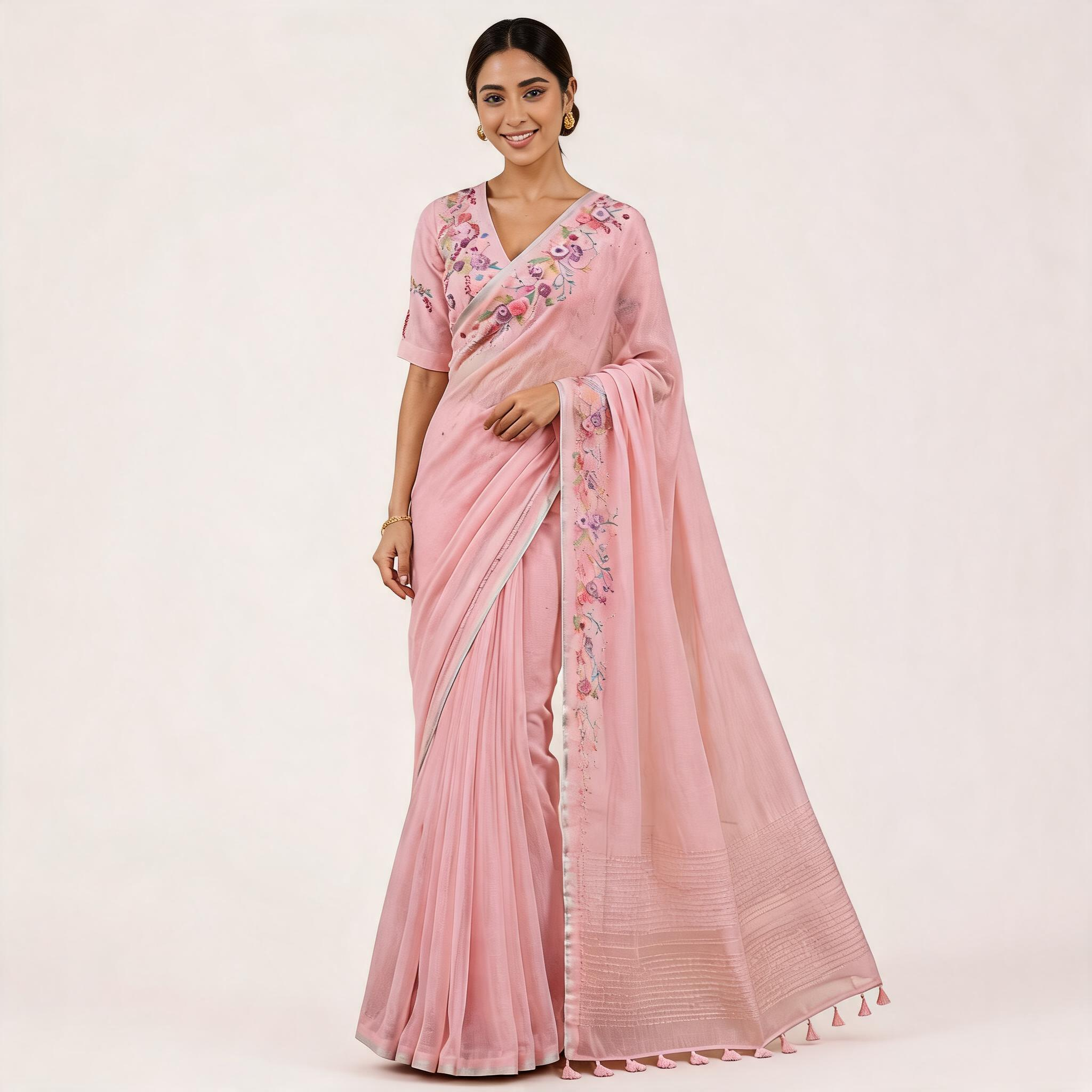 Pink Linen Cotton Embroidered Pre Stitched Saree For Women