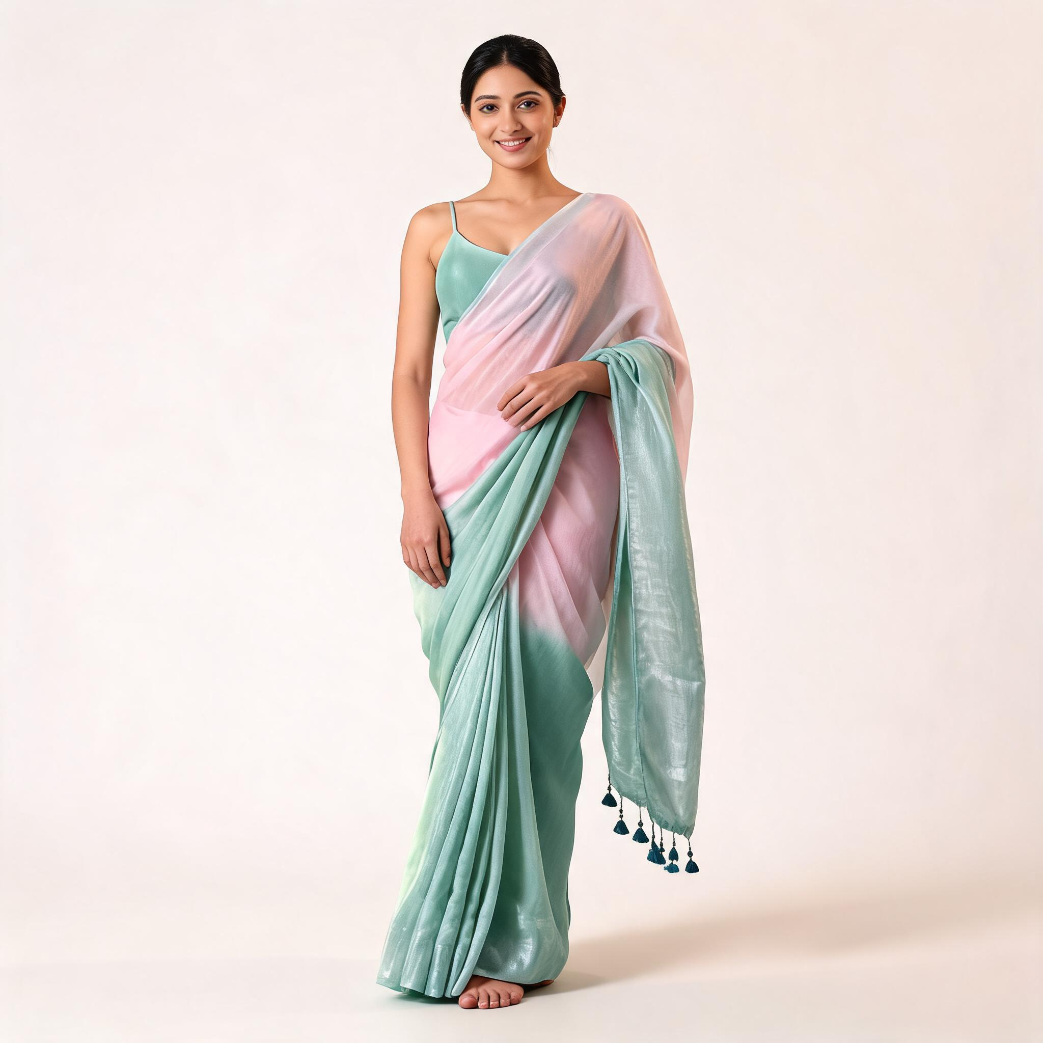 Pink And Teal Linen Cotton Pre Stitched Saree For Women