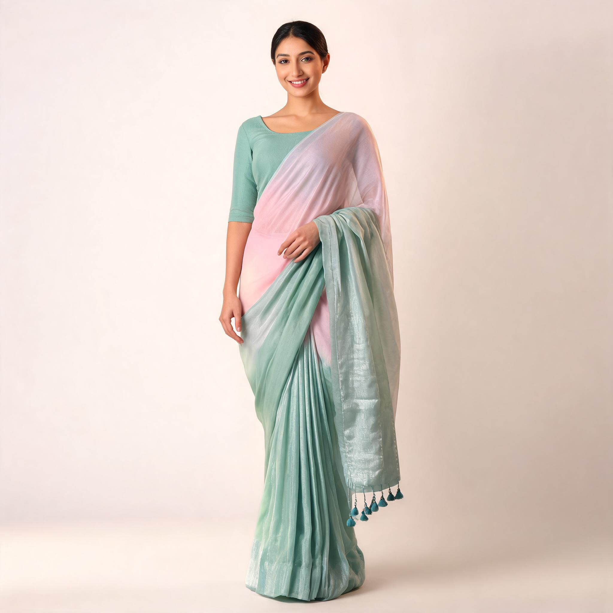Pink And Teal Linen Cotton Pre Stitched Saree For Women