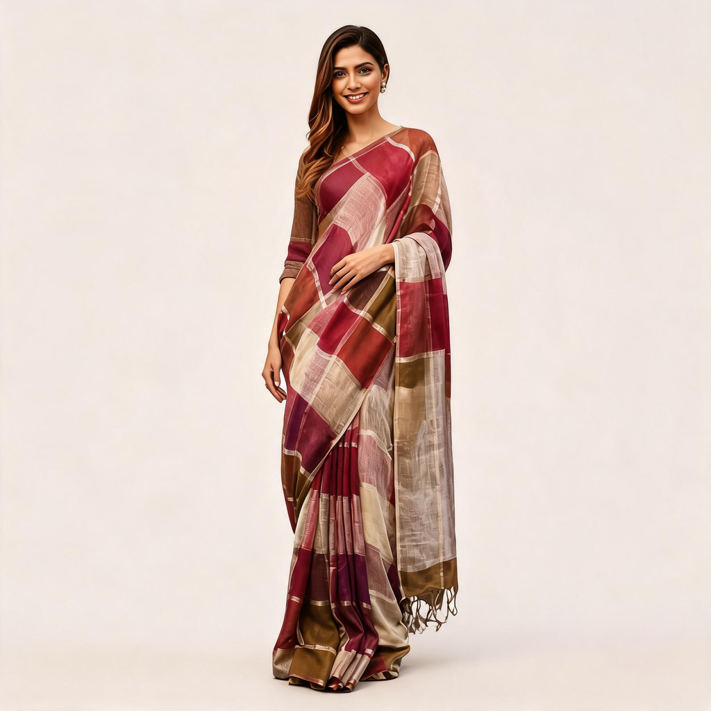 Maroon And Grey Pure Linen Pre Stitched Saree For Women