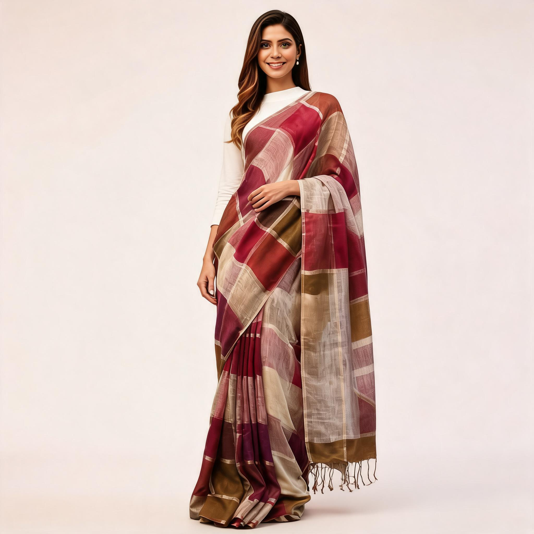 Maroon And Grey Pure Linen Pre Stitched Saree For Women