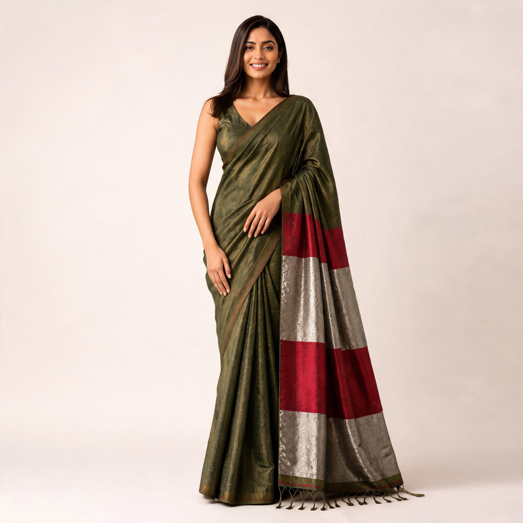 Olive Green And Maroon Mul Cotton Pre Stitched Saree For Women