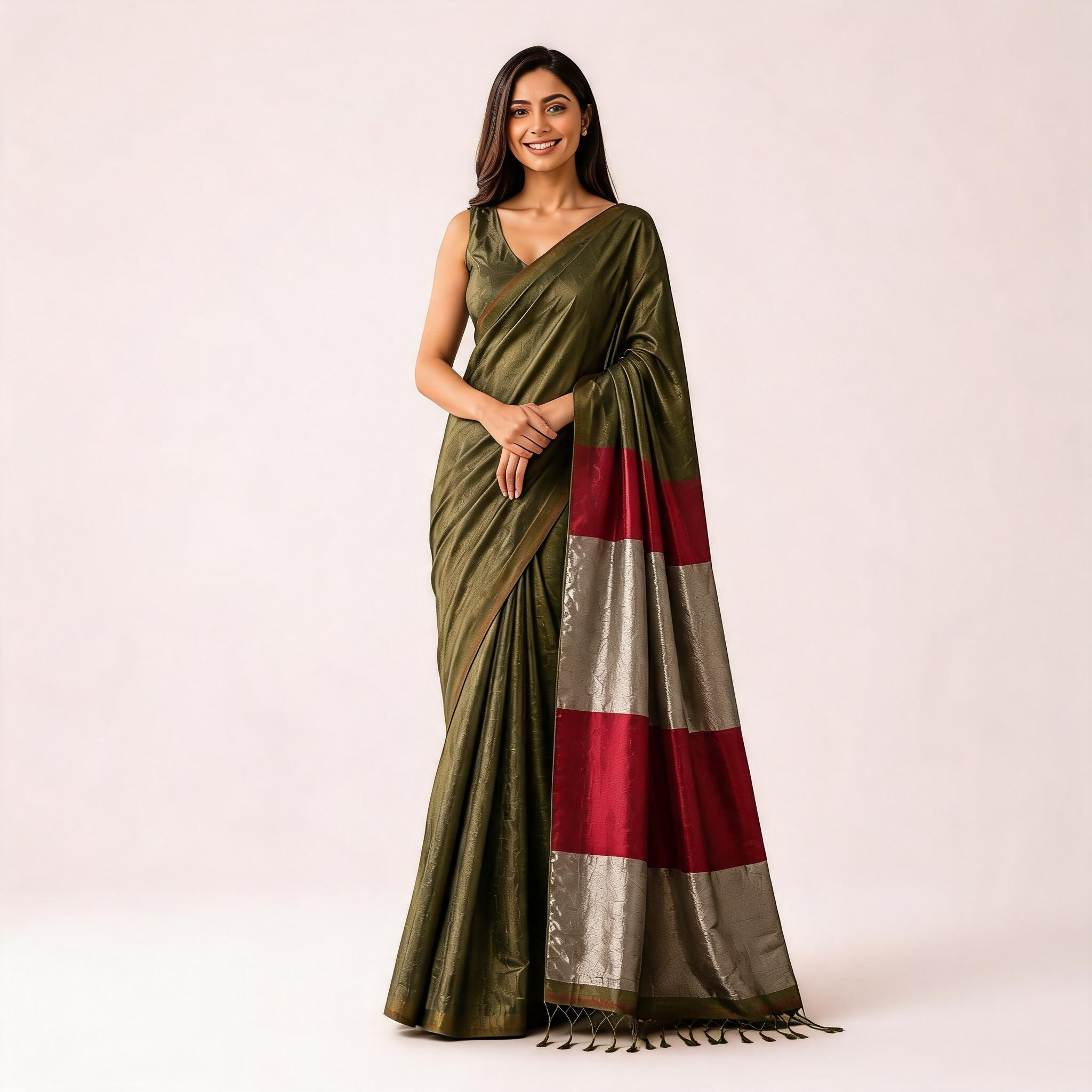 Olive Green And Maroon Mul Cotton Pre Stitched Saree For Women