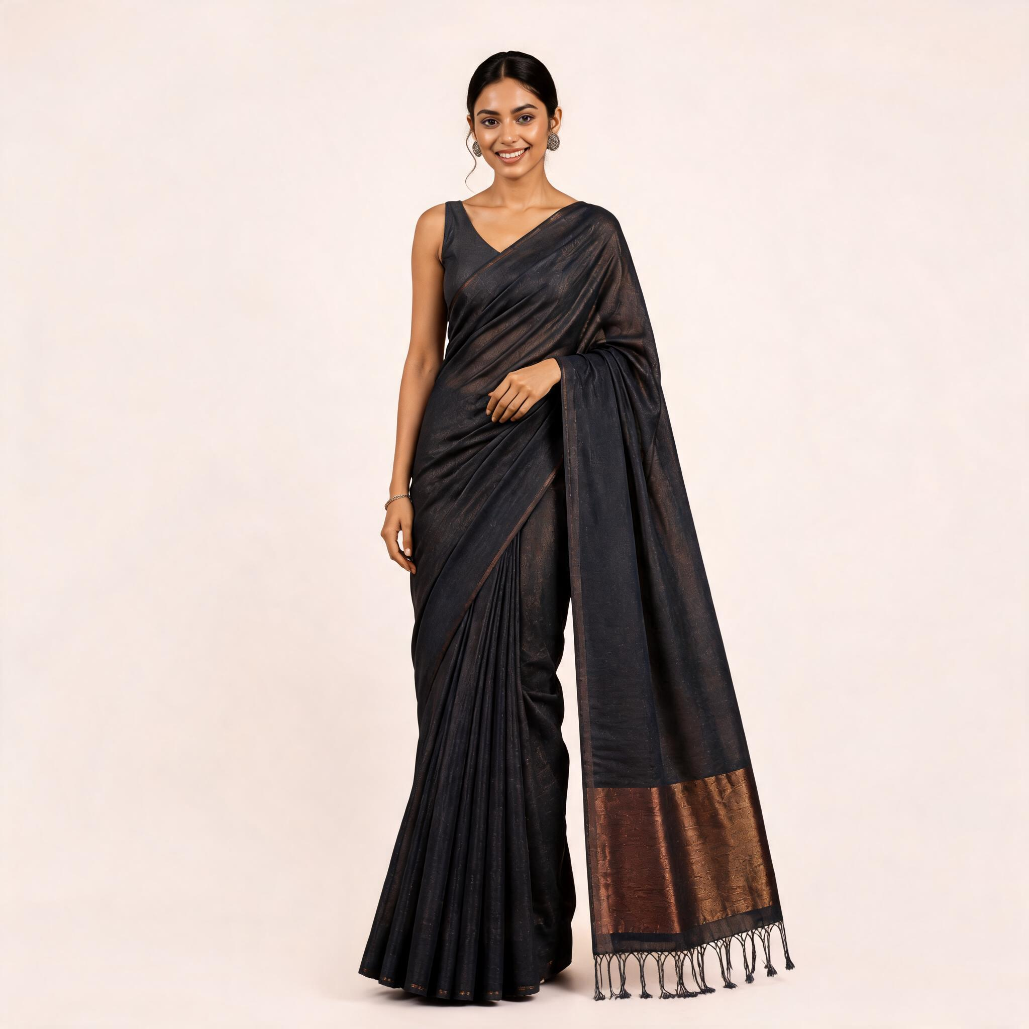 Black And Brown Linen Silk Pre Stitched Saree For Women
