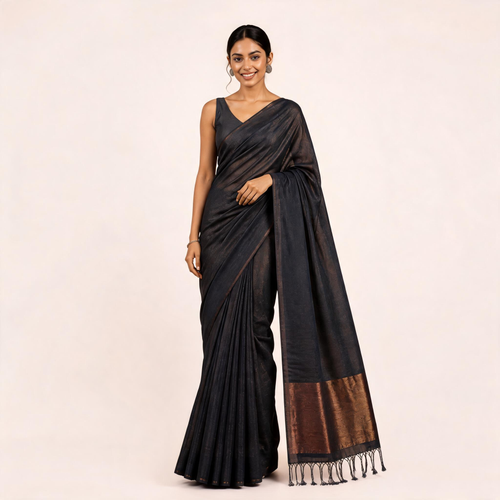 Black And Brown Linen Silk Pre Stitched Saree For Women