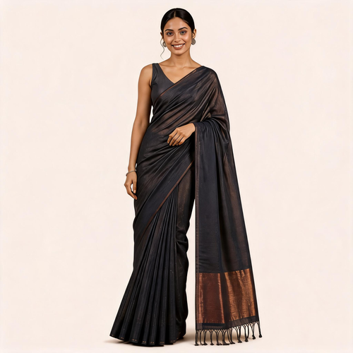 Black And Brown Linen Silk Pre Stitched Saree For Women