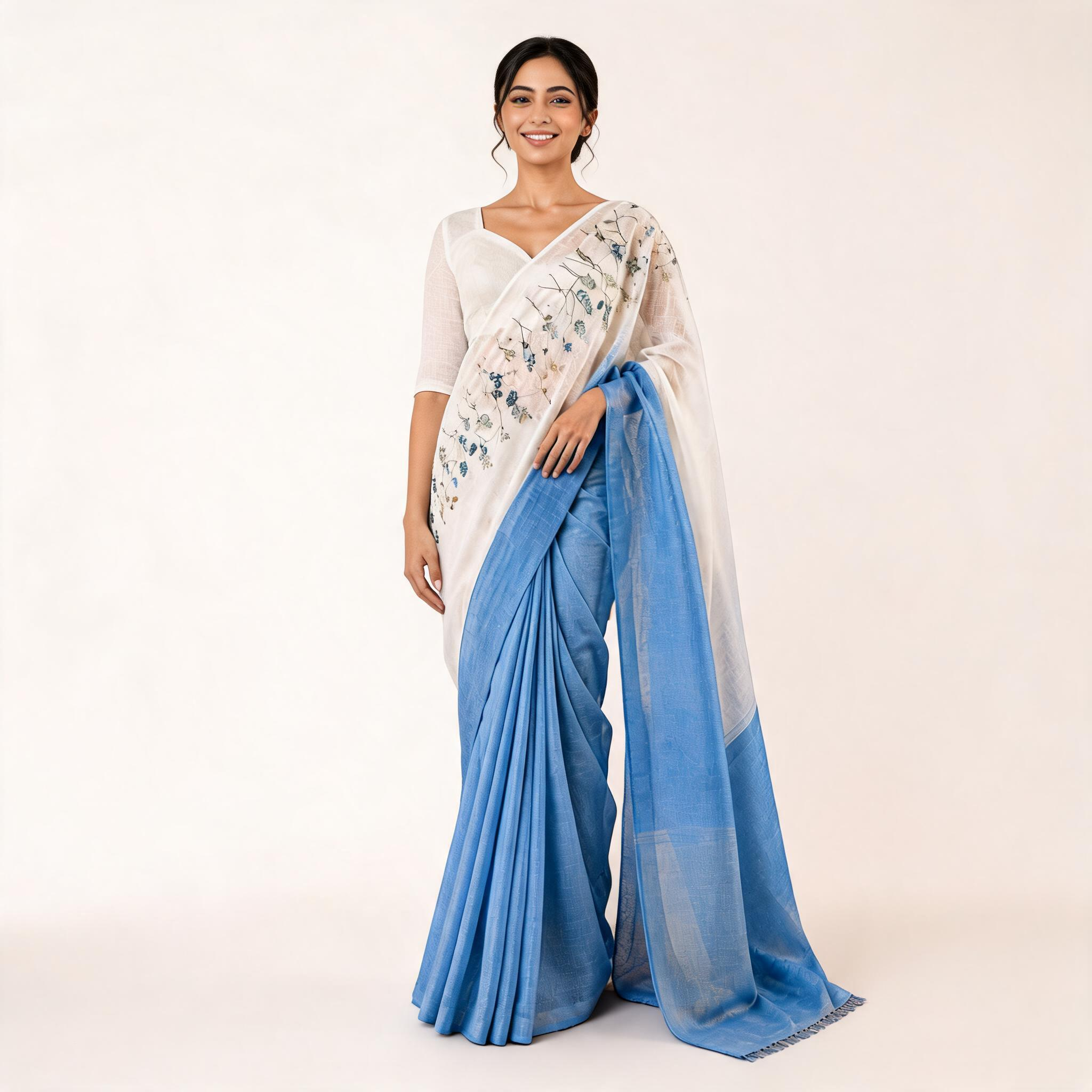Blue And White Linen Thread Work Embroidered Pre Stitched Saree For Women