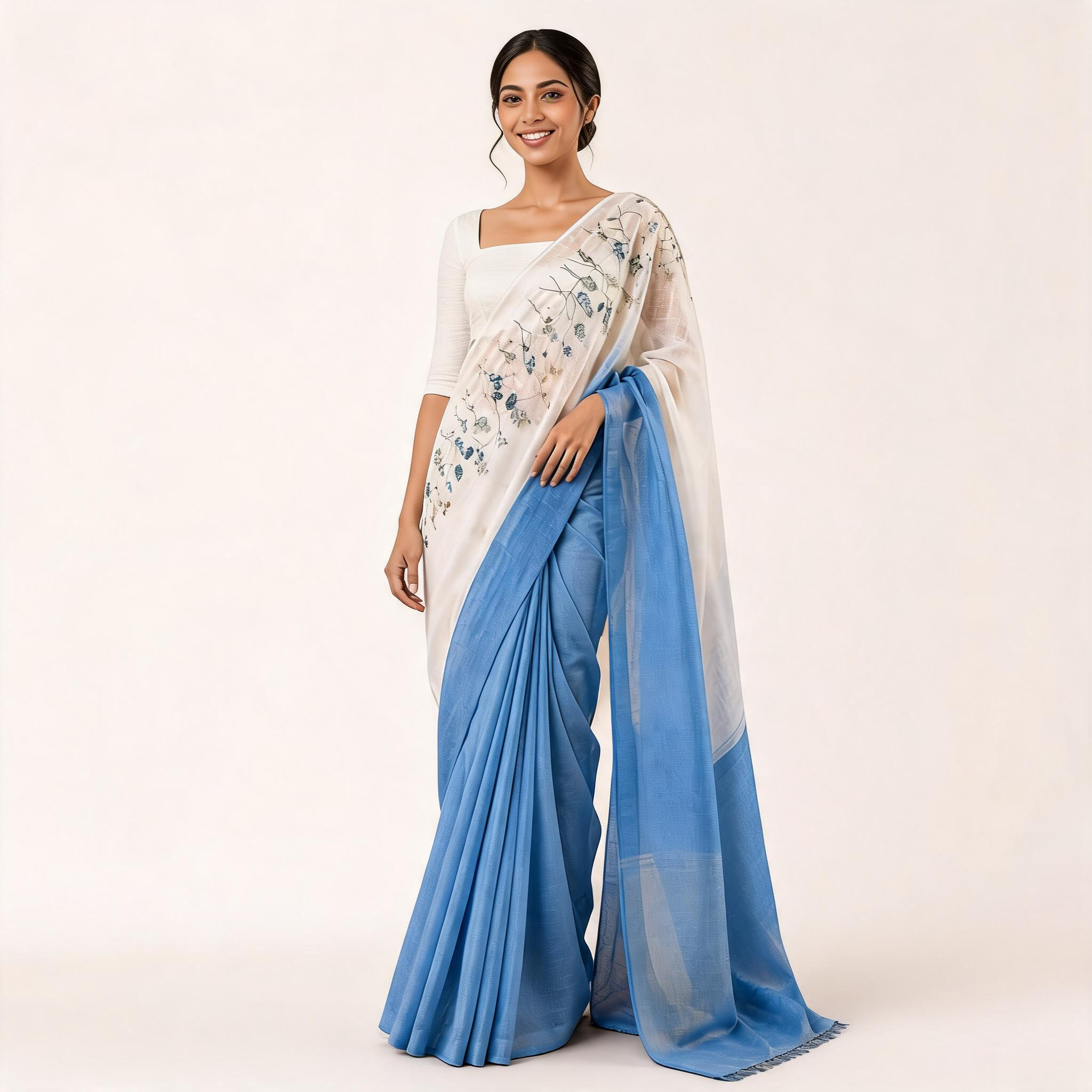 Blue And White Linen Thread Work Embroidered Pre Stitched Saree For Women