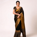 Black And Gold Linen Zari Woven Pre Stitched Saree For Women