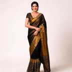 Black And Gold Linen Zari Woven Pre Stitched Saree For Women