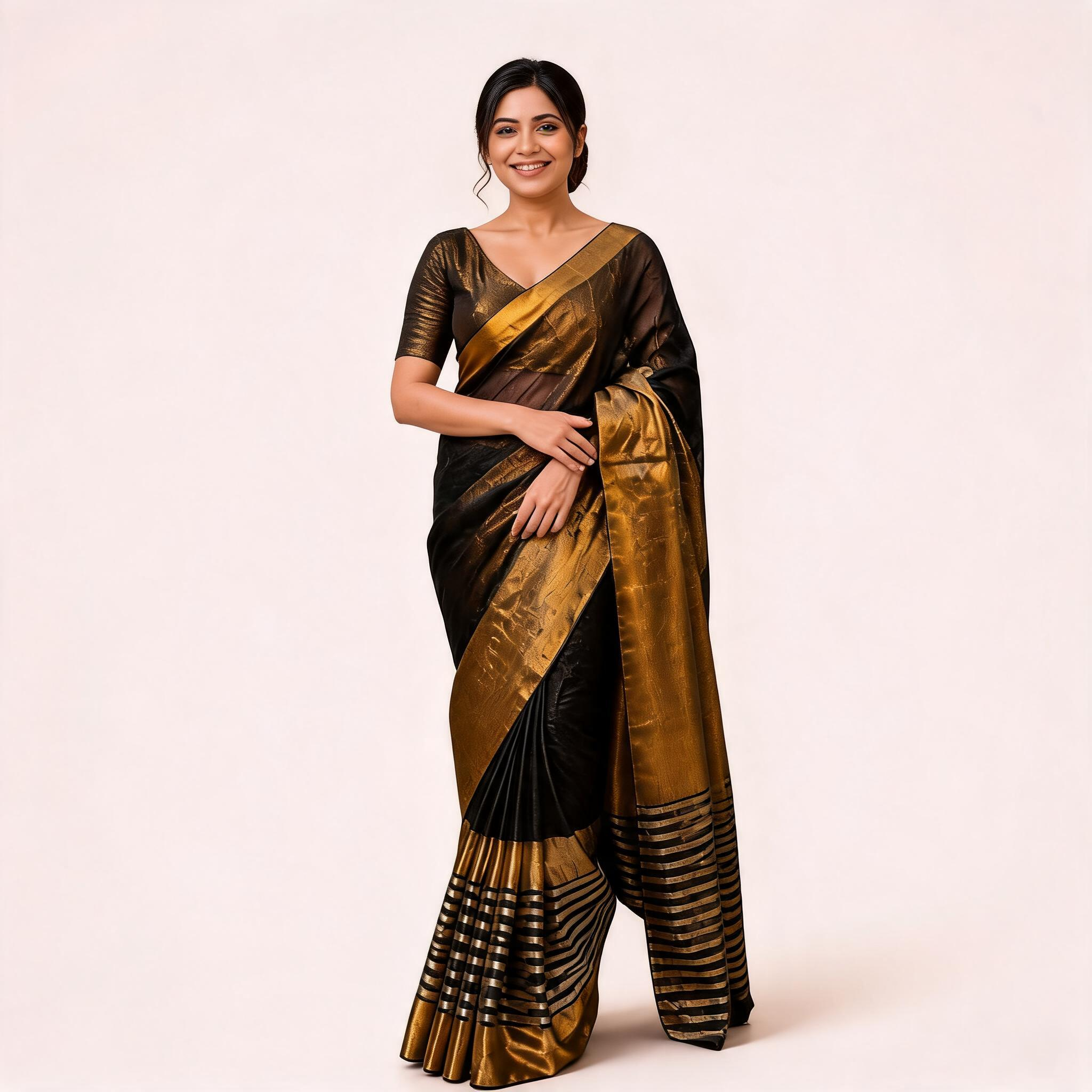 Black And Gold Linen Zari Woven Pre Stitched Saree For Women