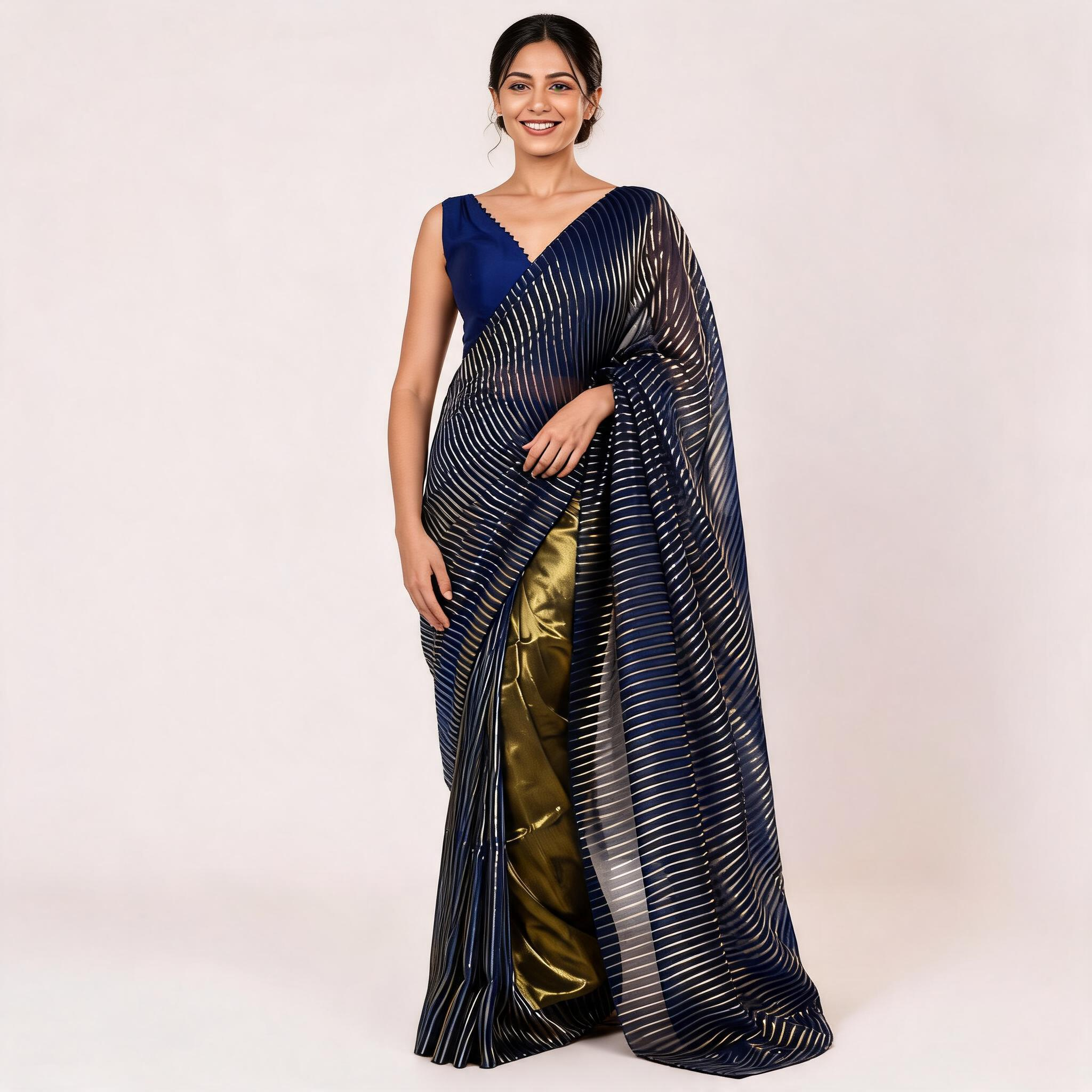 Olive And Navy Blue Mul Cotton Tissue Pre Stitched Saree For Women