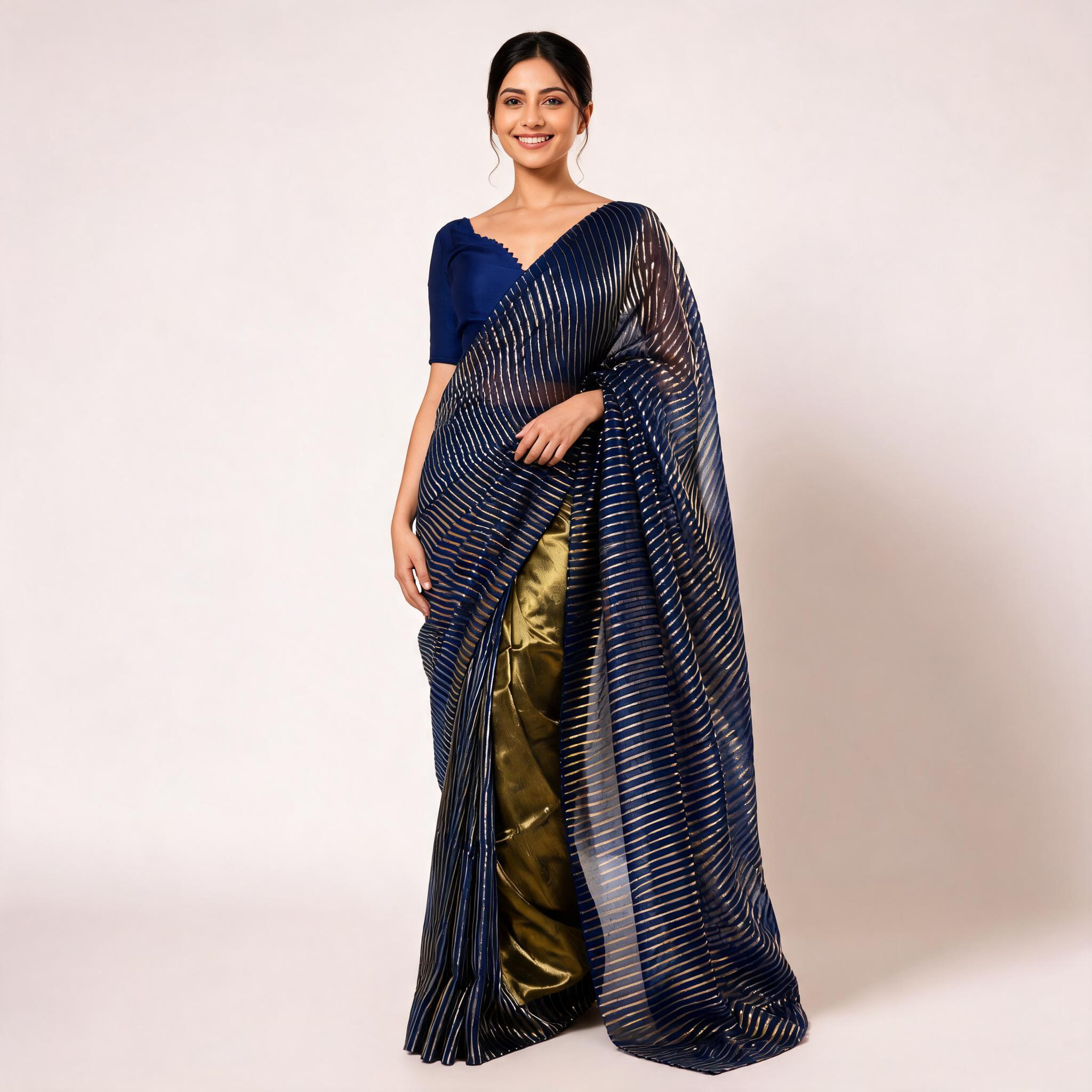 Olive And Navy Blue Mul Cotton Tissue Pre Stitched Saree For Women
