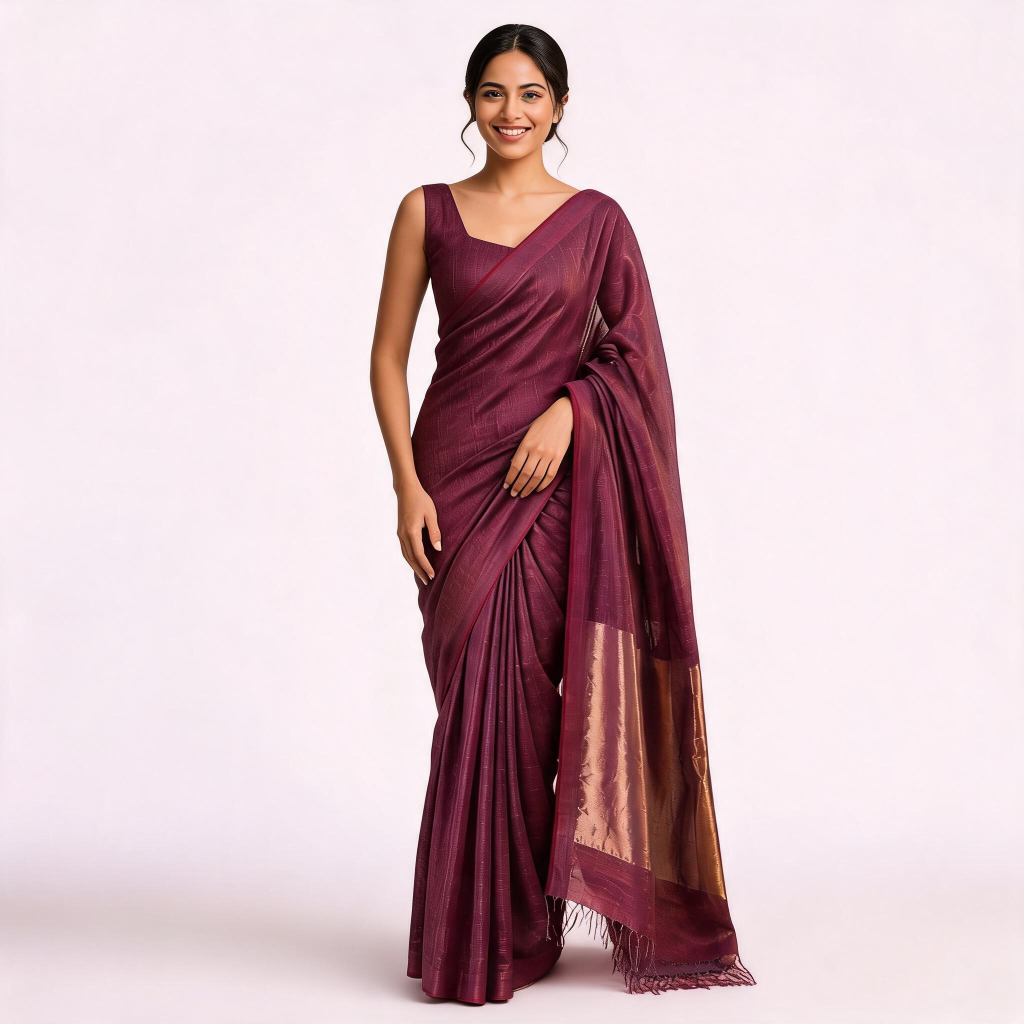 Pink Linen Zari Woven Pre Stitched Saree For Women