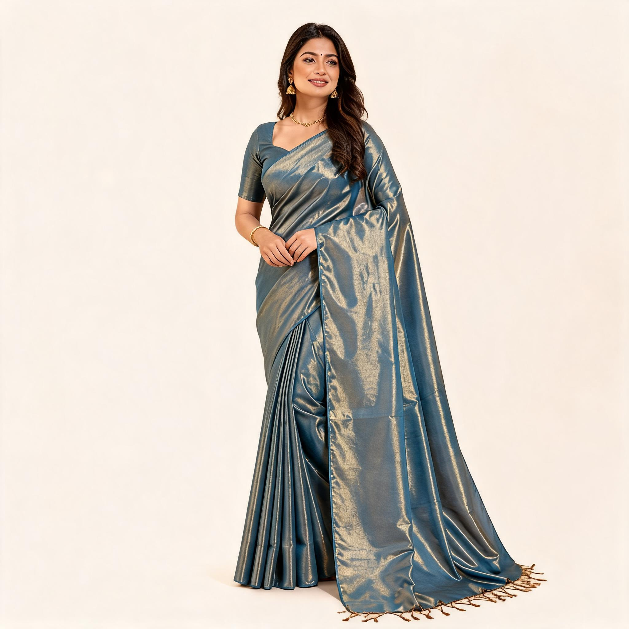 Teal Raga Tissue Pre Stitched Saree For Women