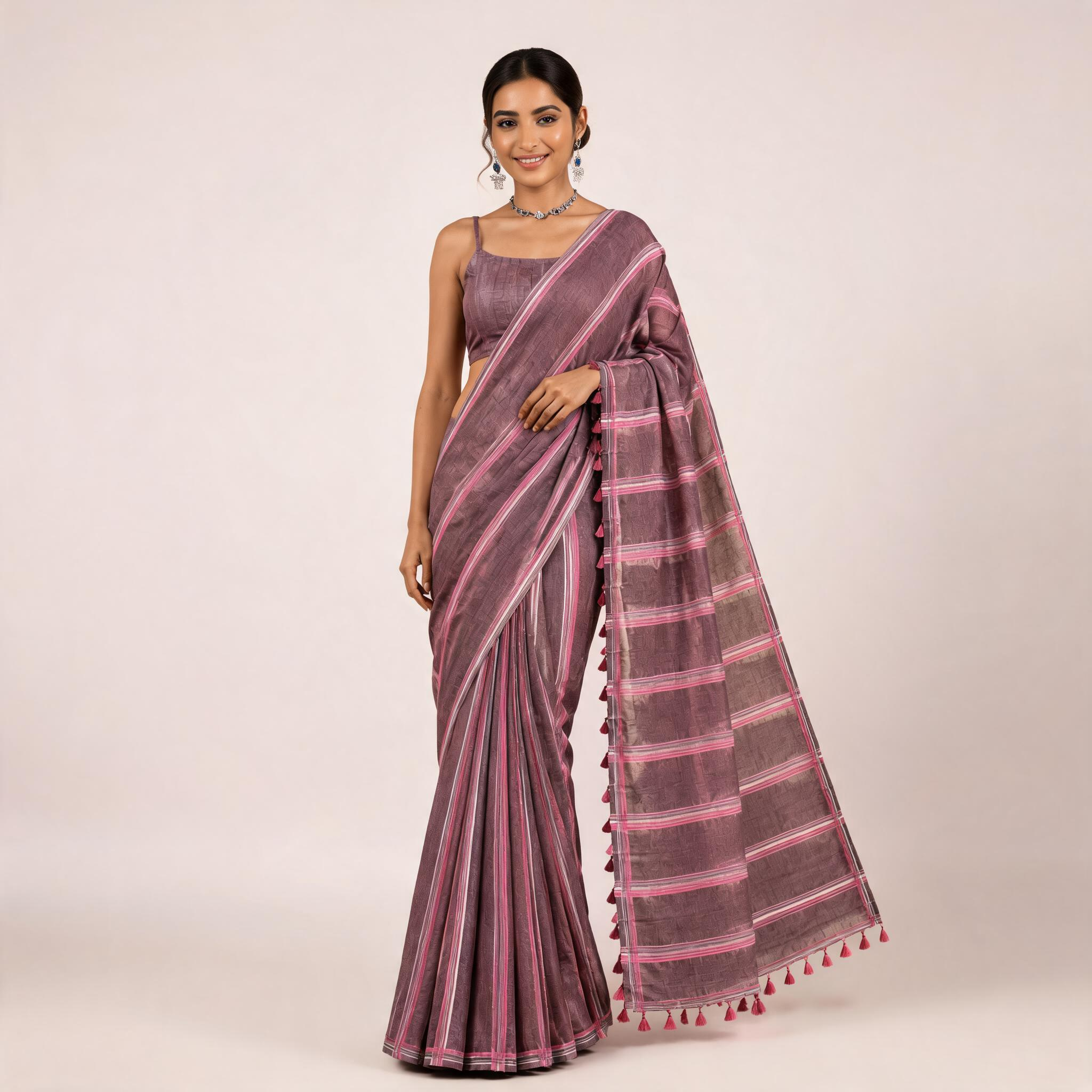 Mauve And Blue Pure Linen Pre Stitched Saree For Women
