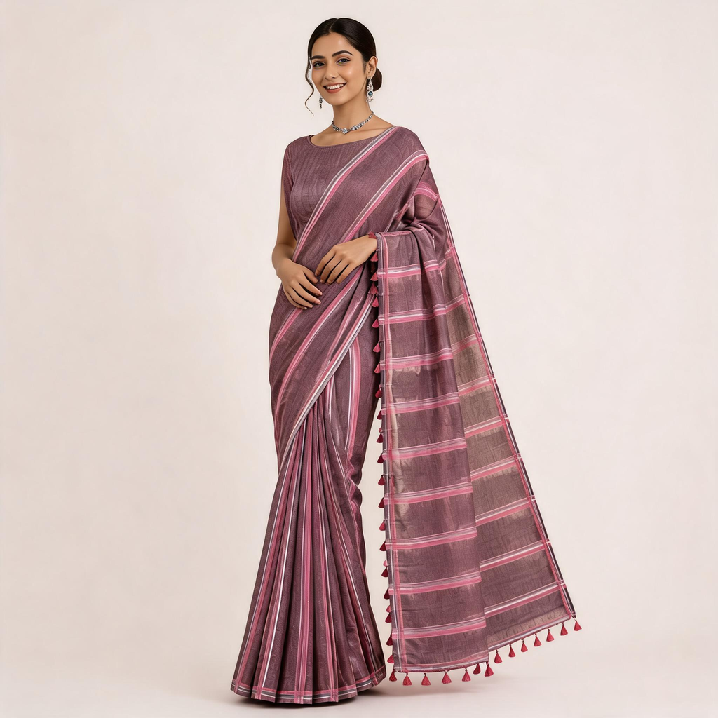 Mauve And Blue Pure Linen Pre Stitched Saree For Women