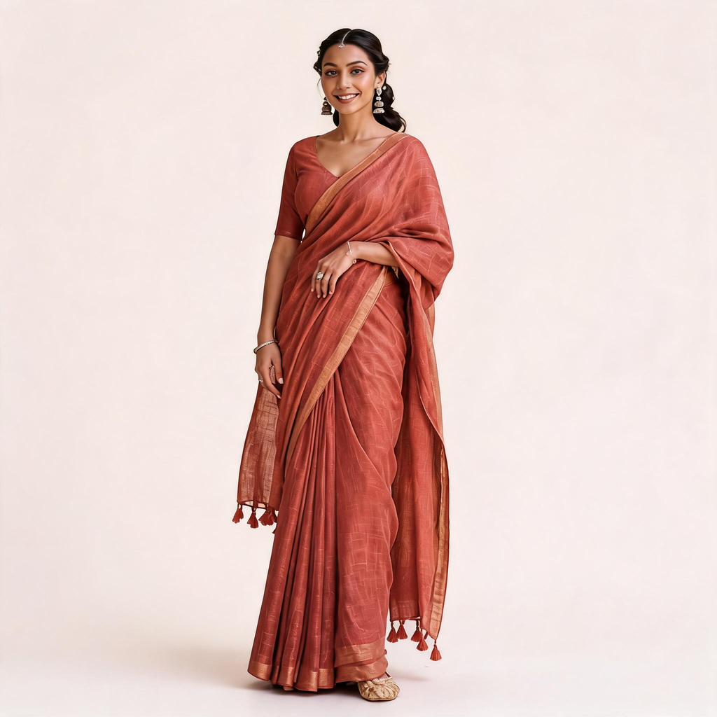 Rust Cotton Linen Pre Stitched Saree For Women