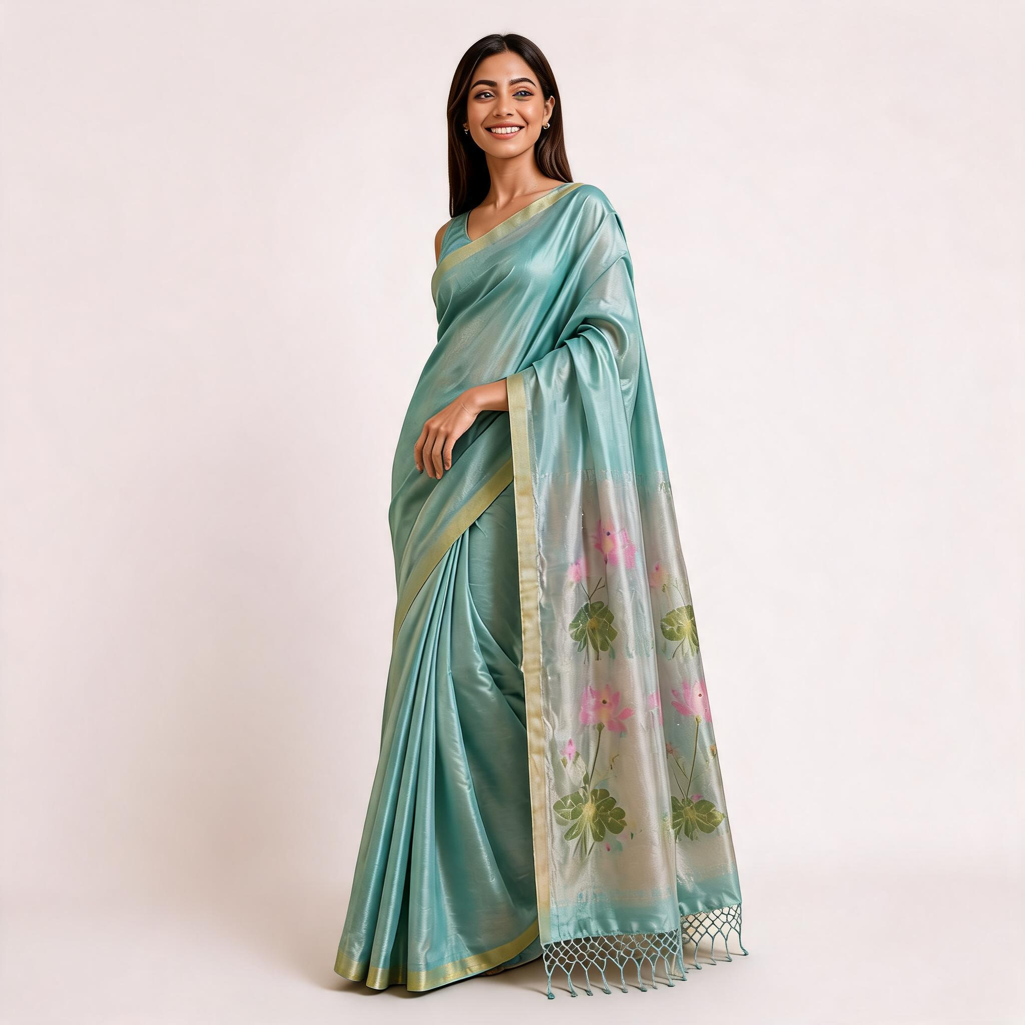 Blue Linen Silk Jamdani Pre Stitched Saree For Women