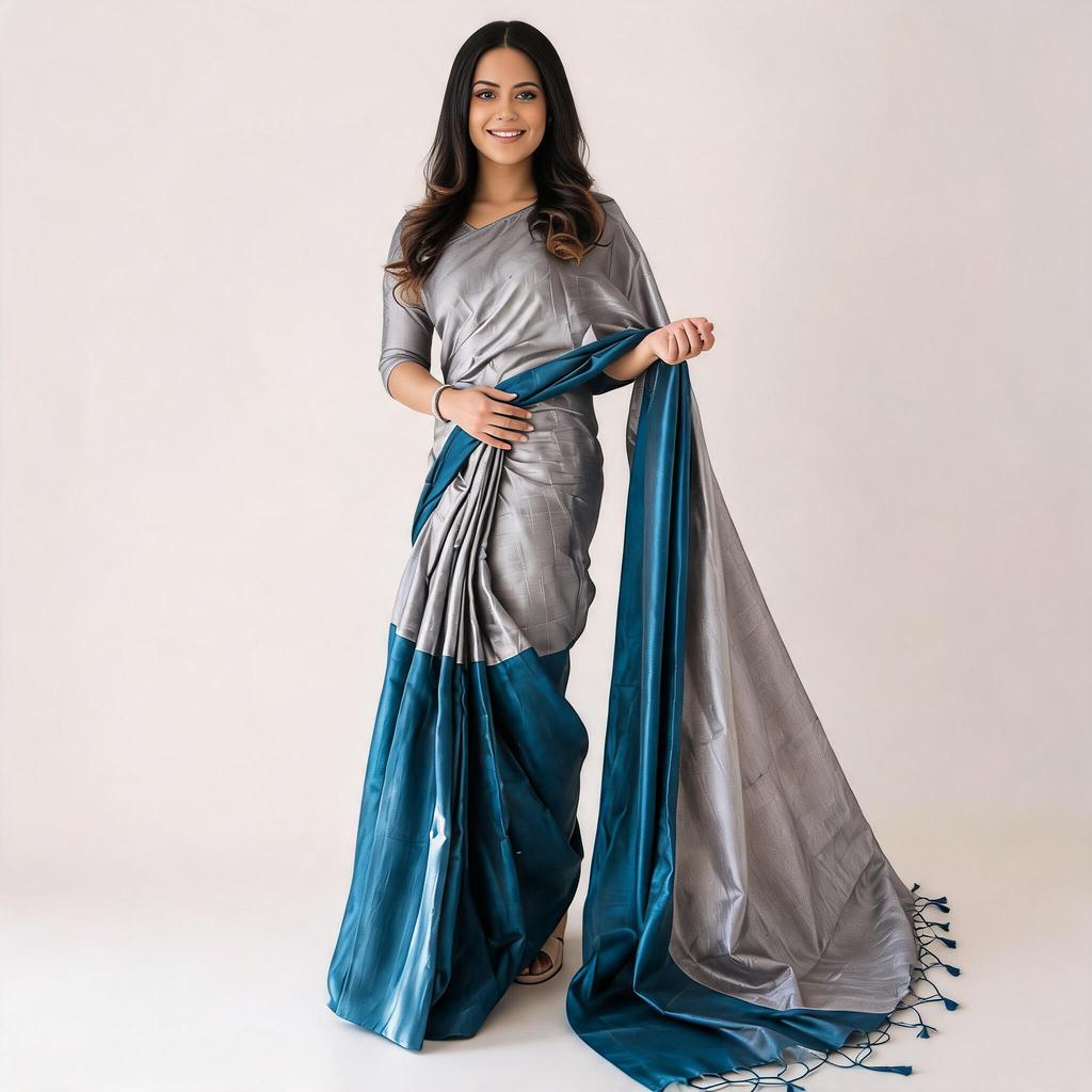 Grey And Blue Tissue Silk Pre Stitched Saree For Women