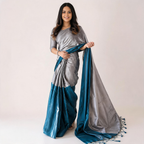 Grey And Blue Tissue Silk Pre Stitched Saree For Women