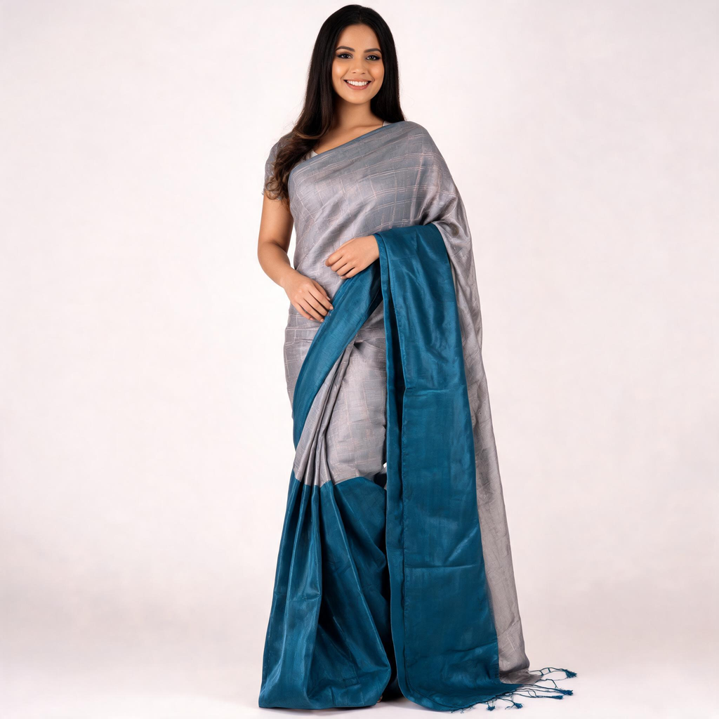 Grey And Blue Tissue Silk Pre Stitched Saree For Women