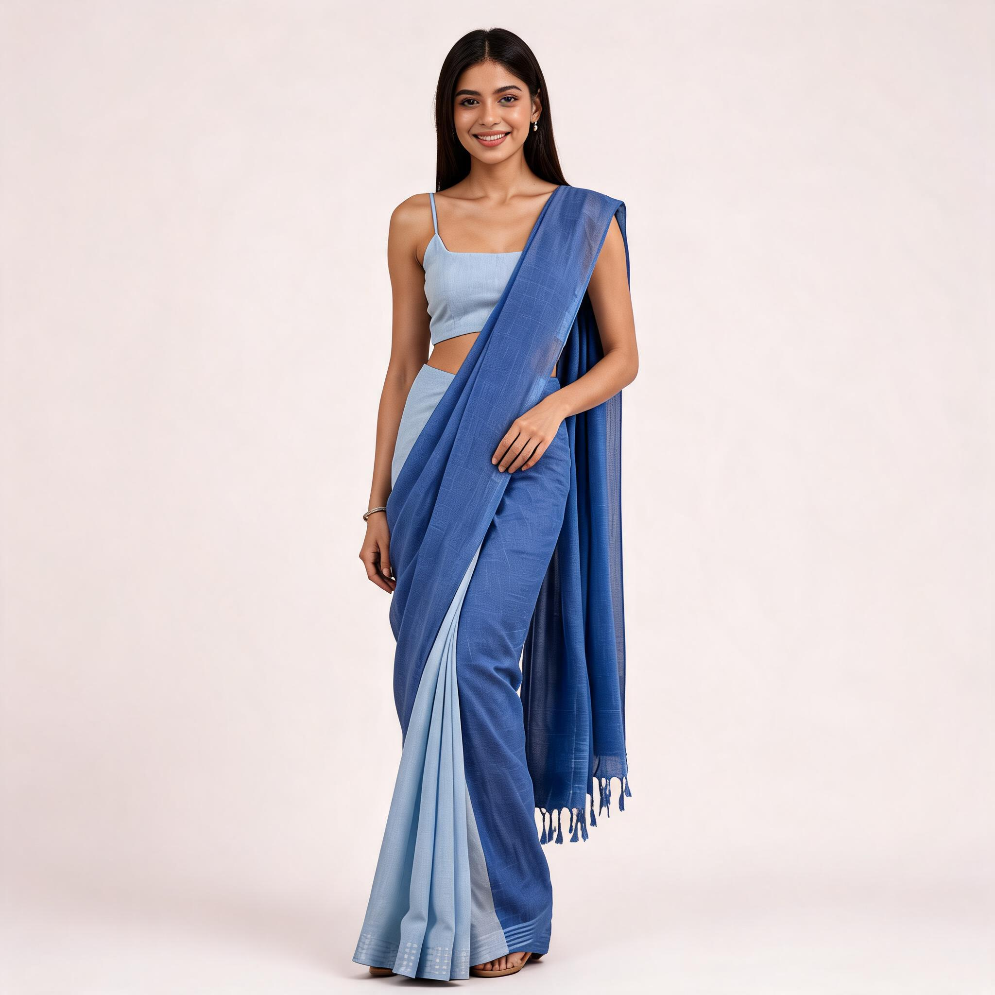 Blue Linen Cotton Pre Stitched Saree For Women