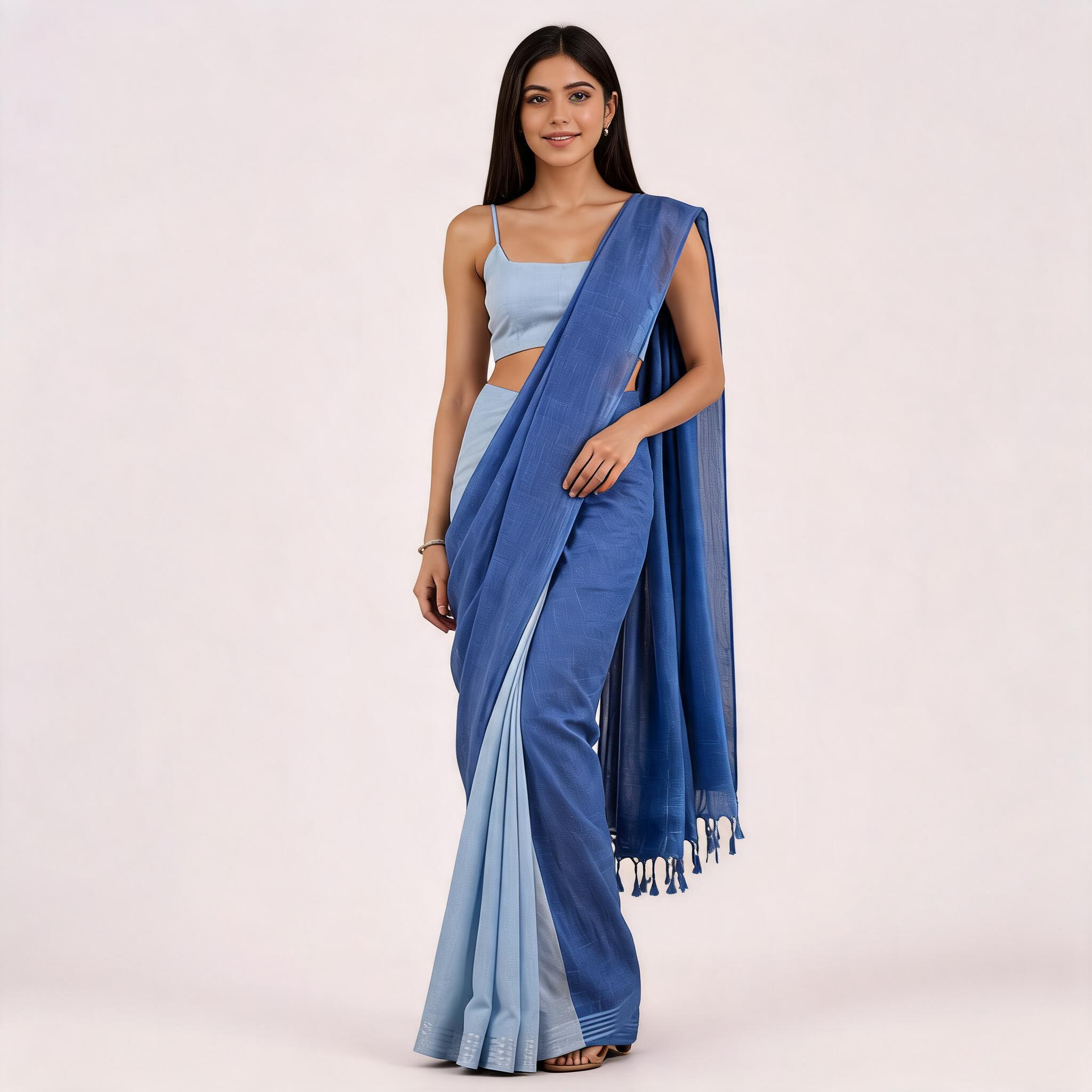Blue Linen Cotton Pre Stitched Saree For Women