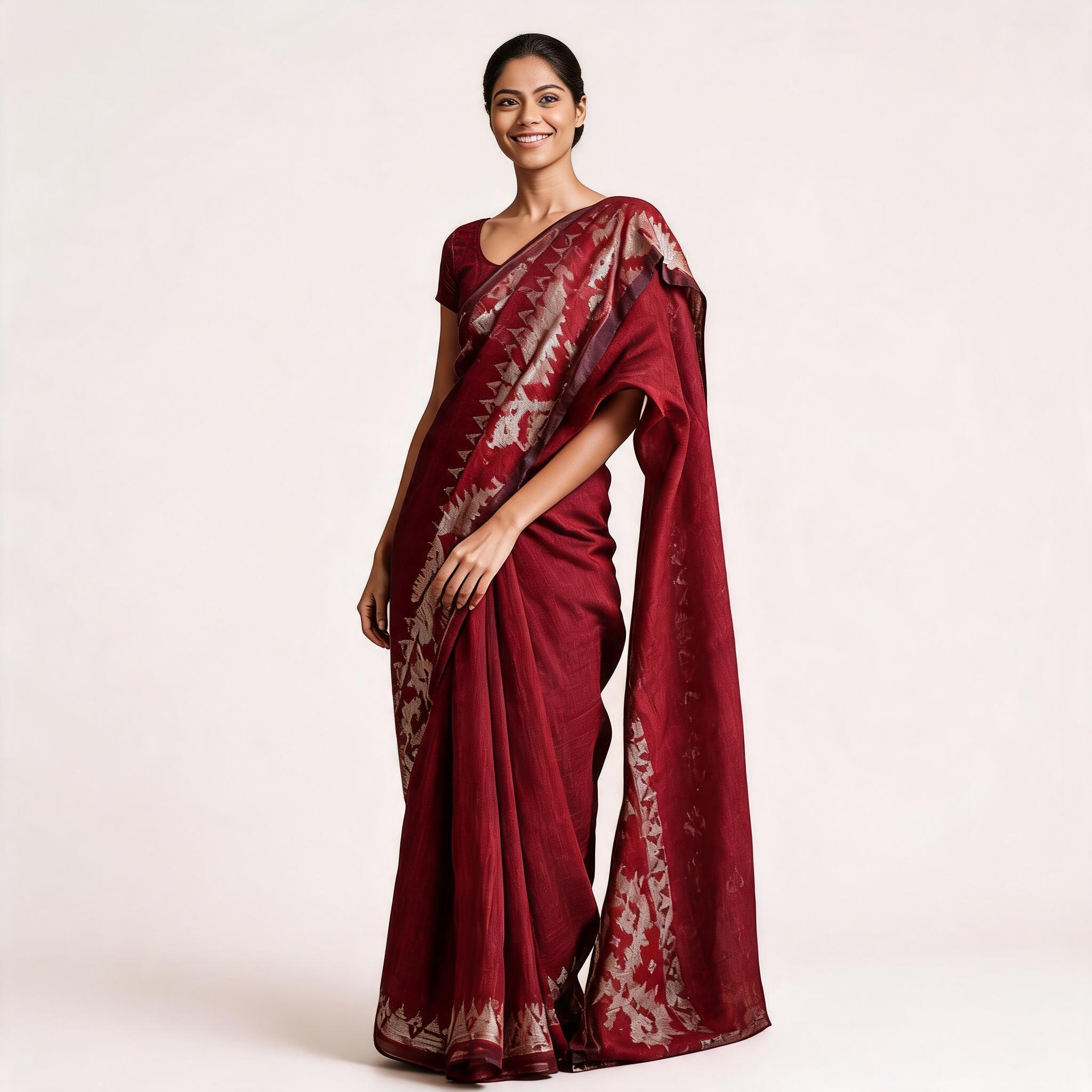 Maroon Soft Linen Jamdani Pre Stitched Saree For Women