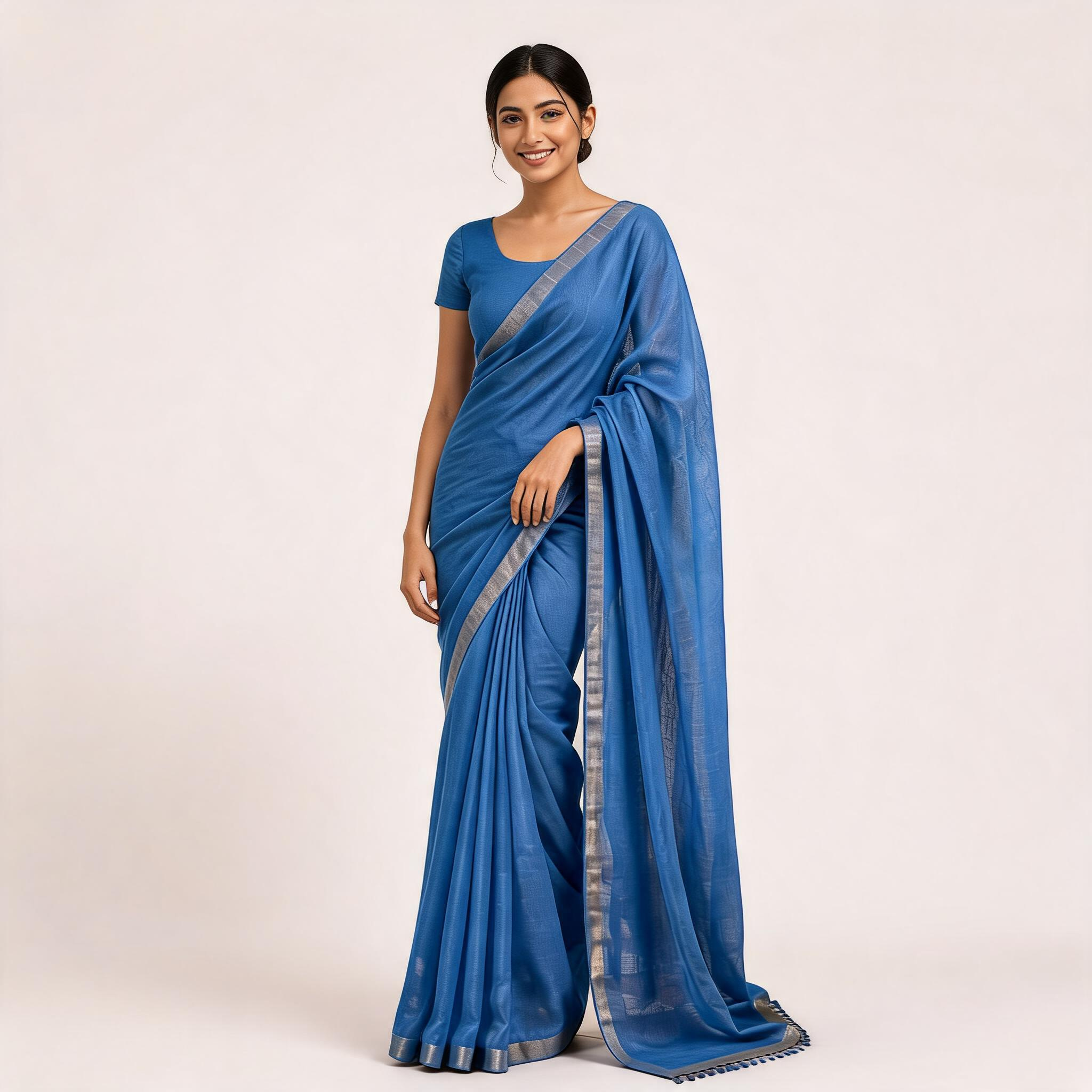 Blue Linen Cotton Pre Stitched Saree For Women