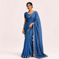 Blue Linen Cotton Pre Stitched Saree For Women