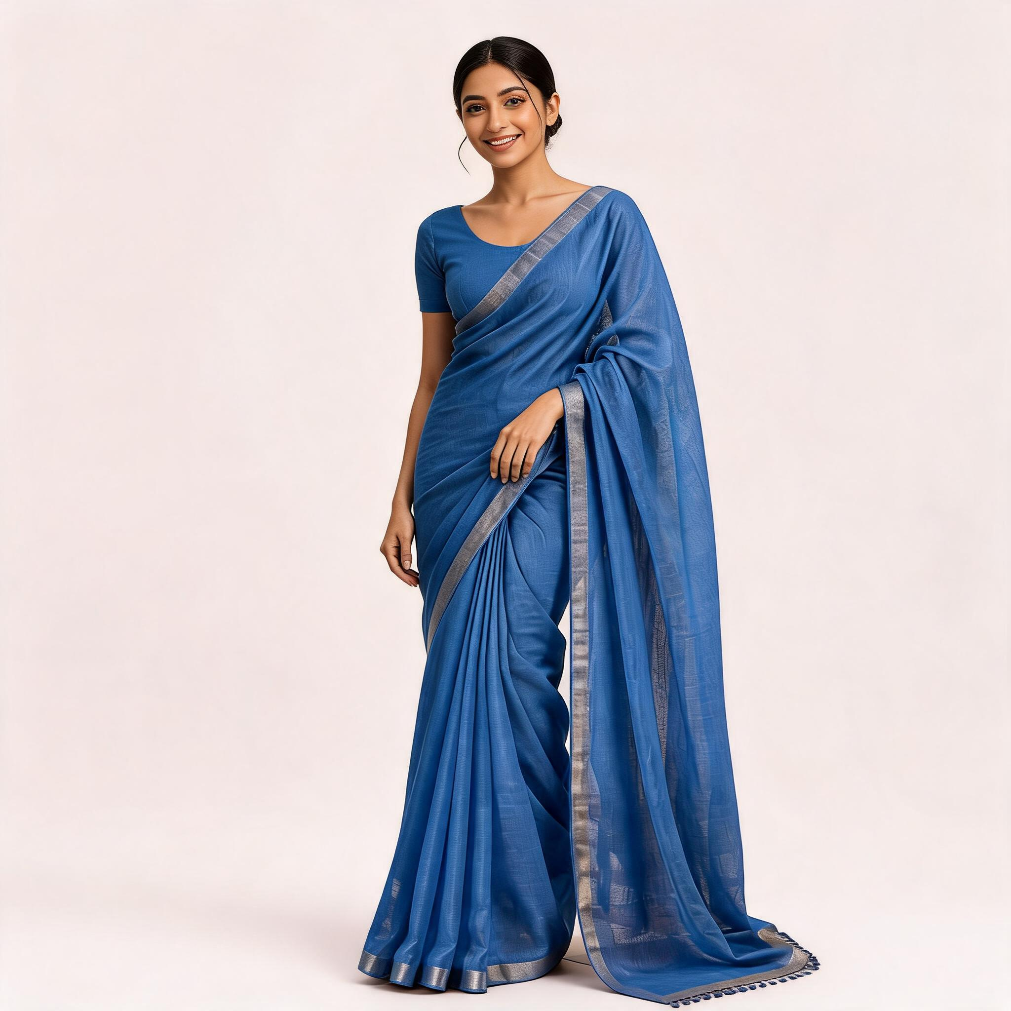 Blue Linen Cotton Pre Stitched Saree For Women