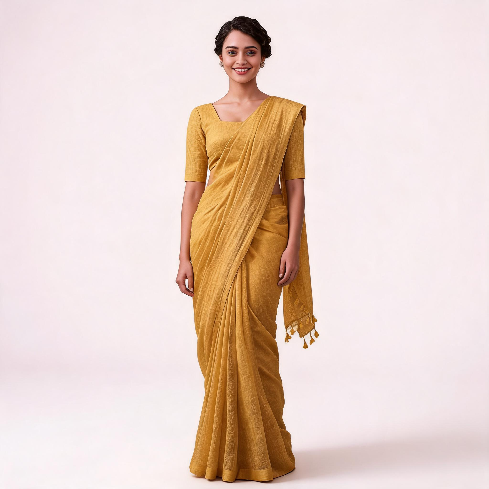 Mustard Yellow Linen Cotton Pre Stitched Saree For Women