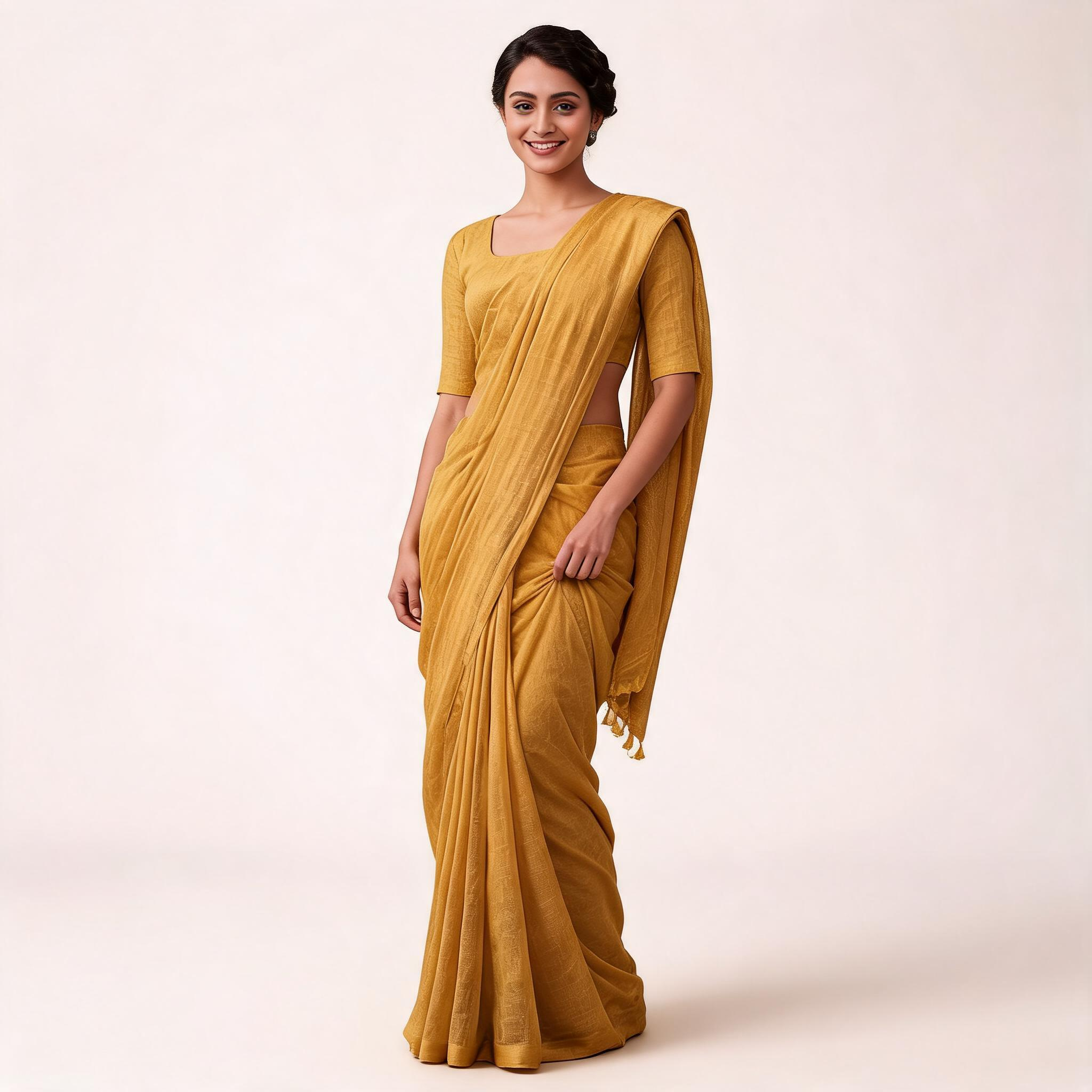 Mustard Yellow Linen Cotton Pre Stitched Saree For Women
