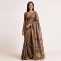 Brown Silk Linen Jamdani Pre Stitched Saree For Women