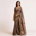 Brown Silk Linen Jamdani Pre Stitched Saree For Women