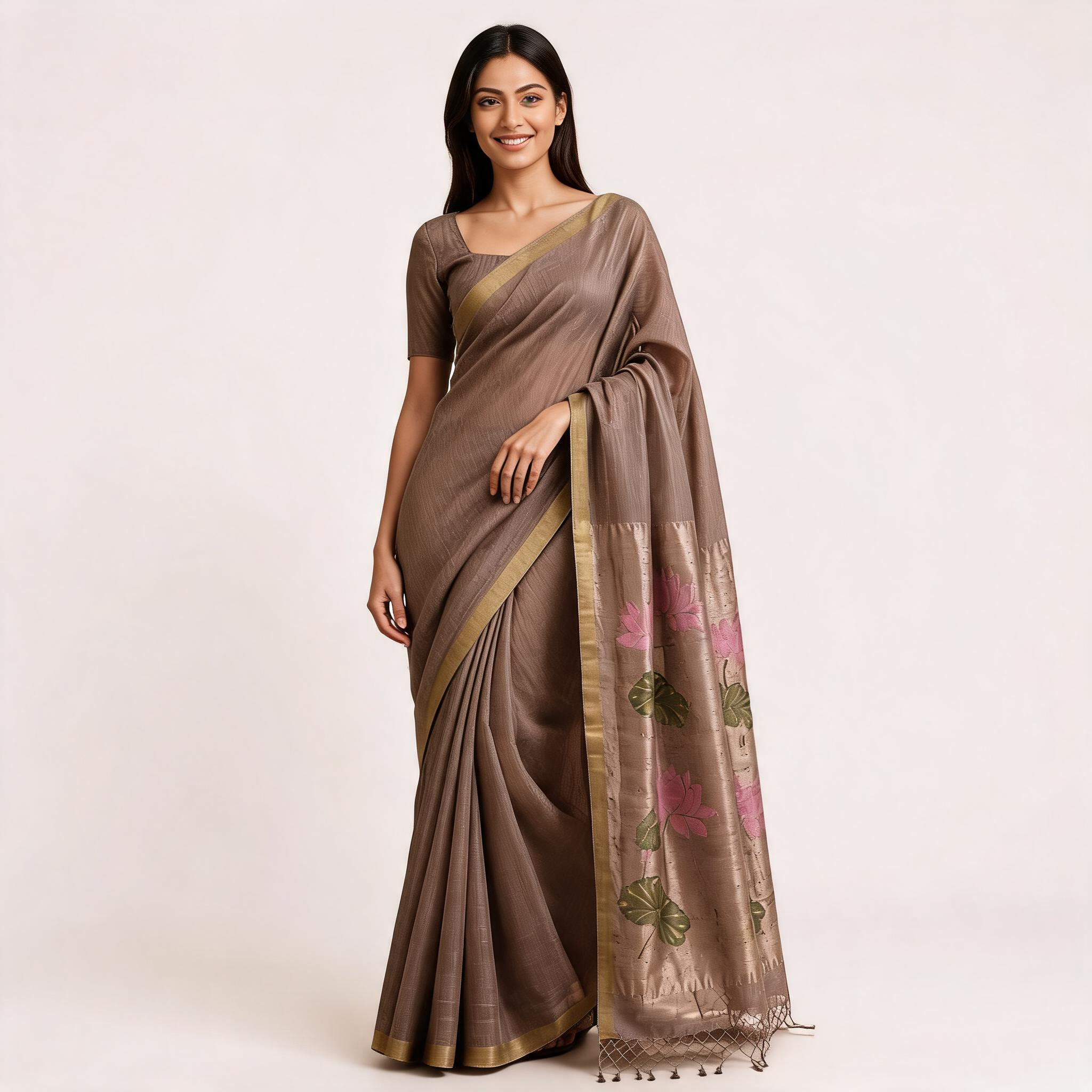 Brown Silk Linen Jamdani Pre Stitched Saree For Women