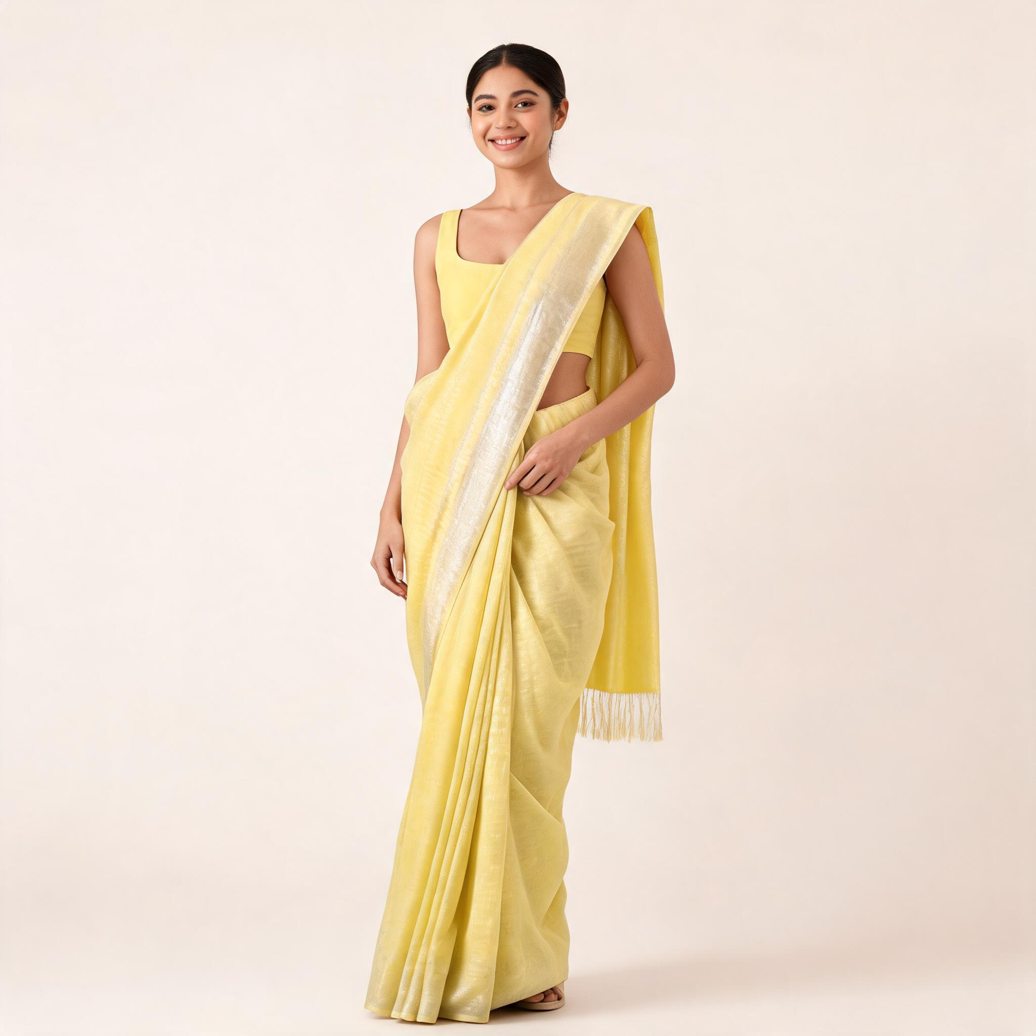 Yellow Cotton Linen Pre Stitched Saree For Women