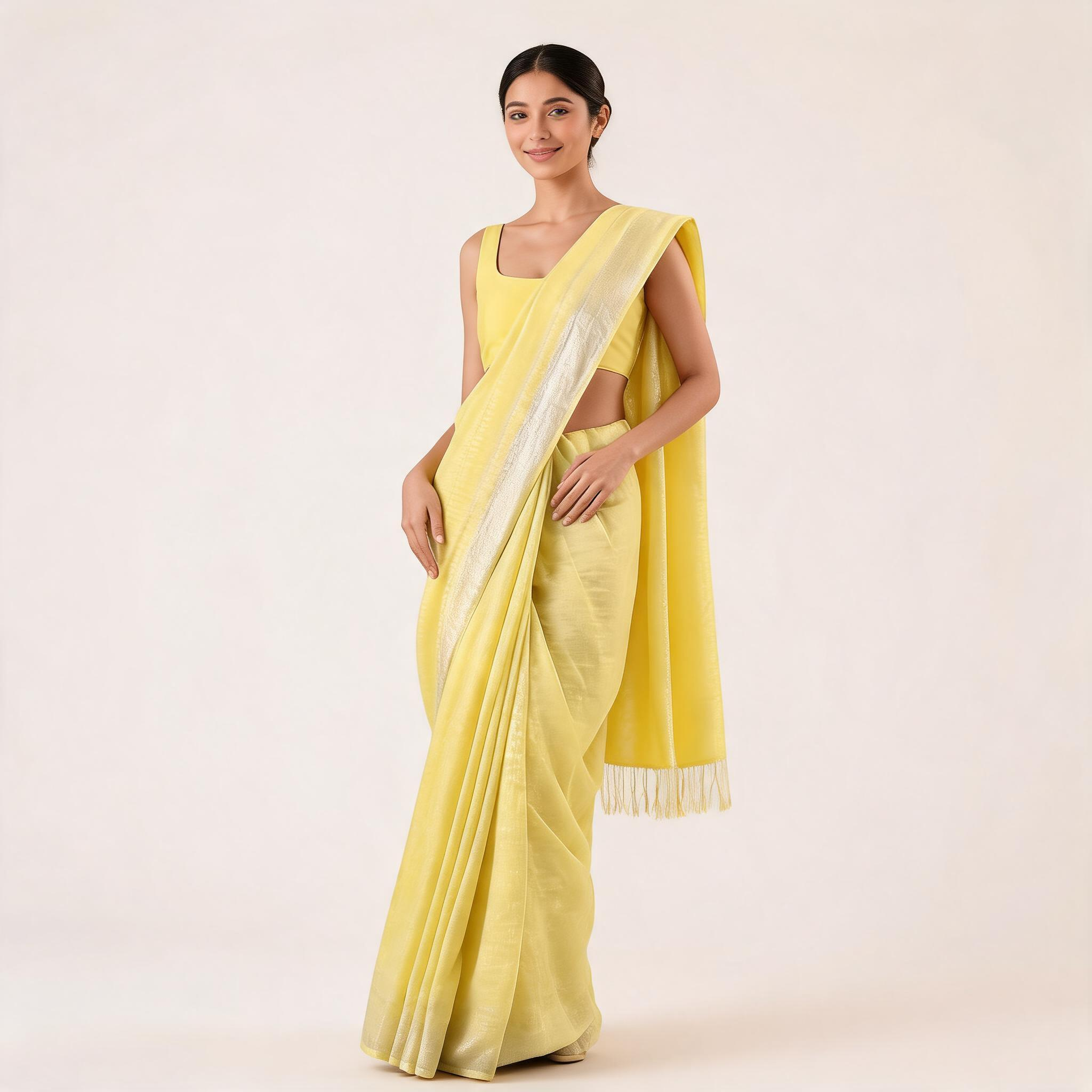 Yellow Cotton Linen Pre Stitched Saree For Women