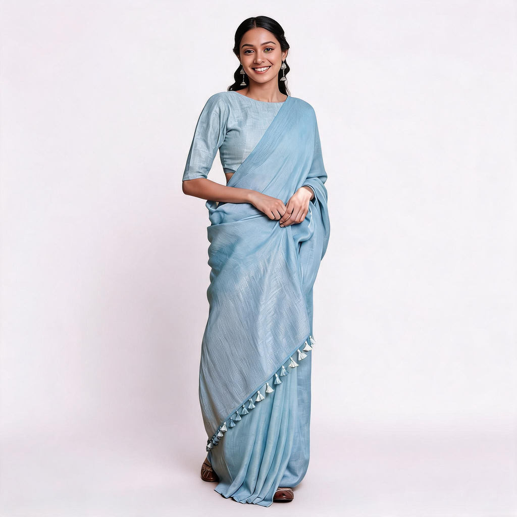 Powder Blue Cotton Slub Pre Stitched Saree For Women