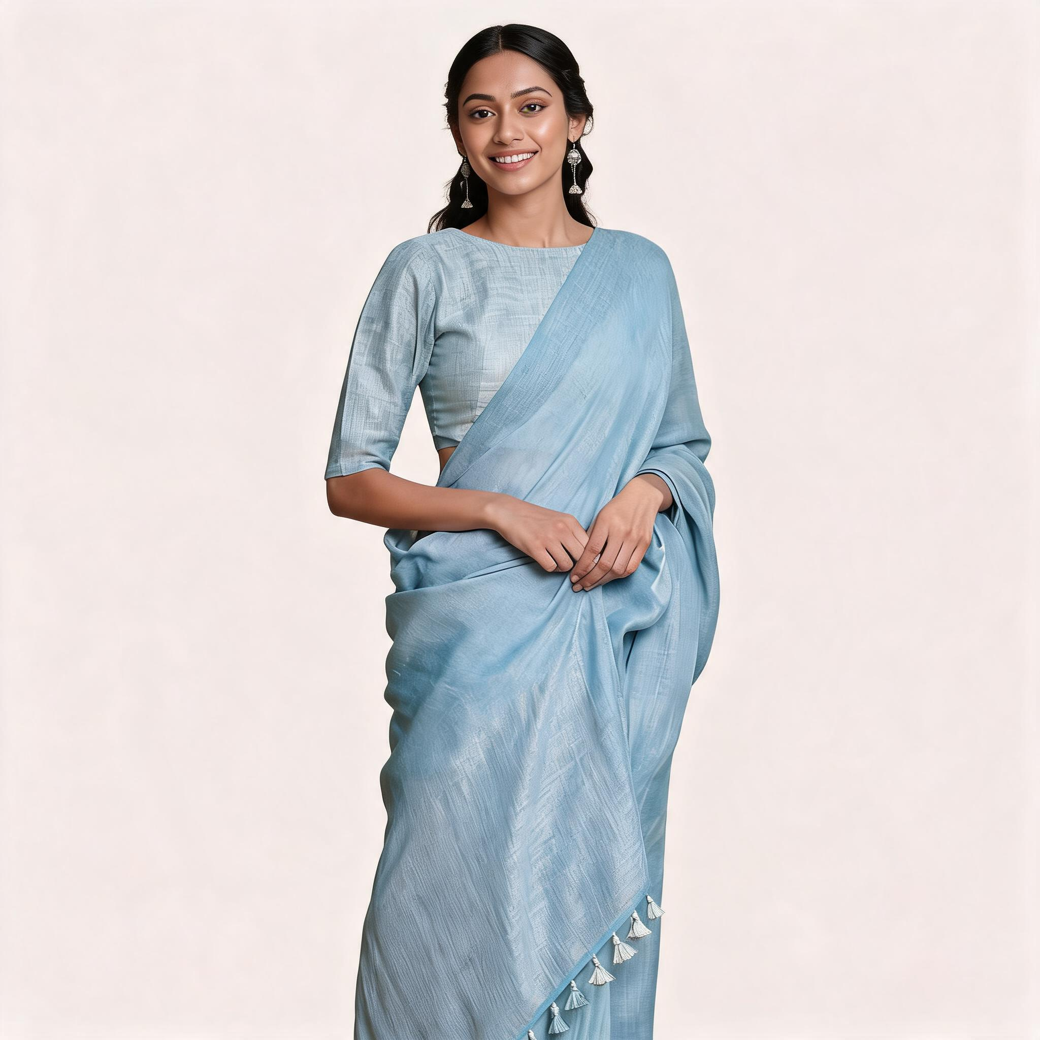 Powder Blue Cotton Slub Pre Stitched Saree For Women