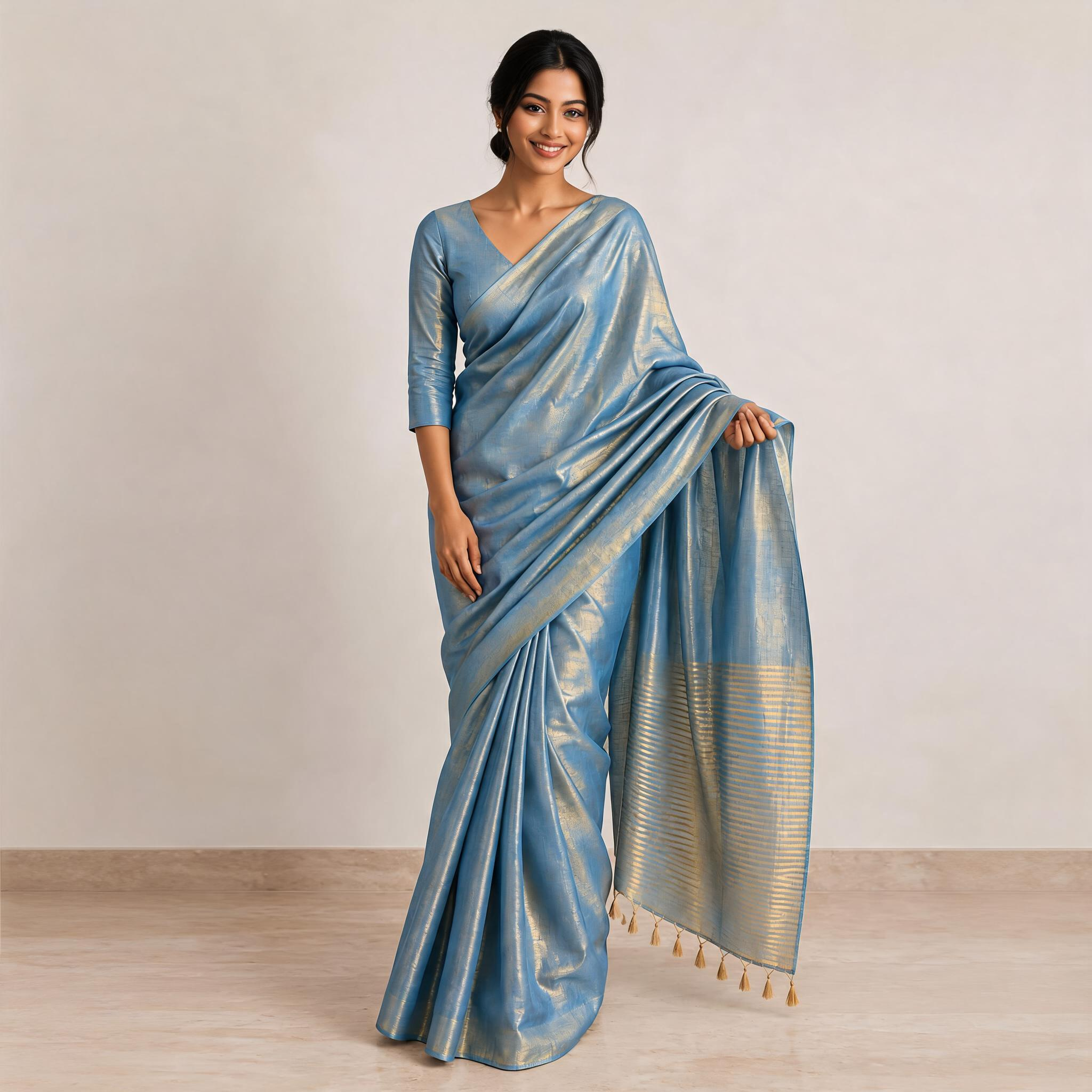 Blue Organic Tissue Woven Pre Stitched Saree For Women