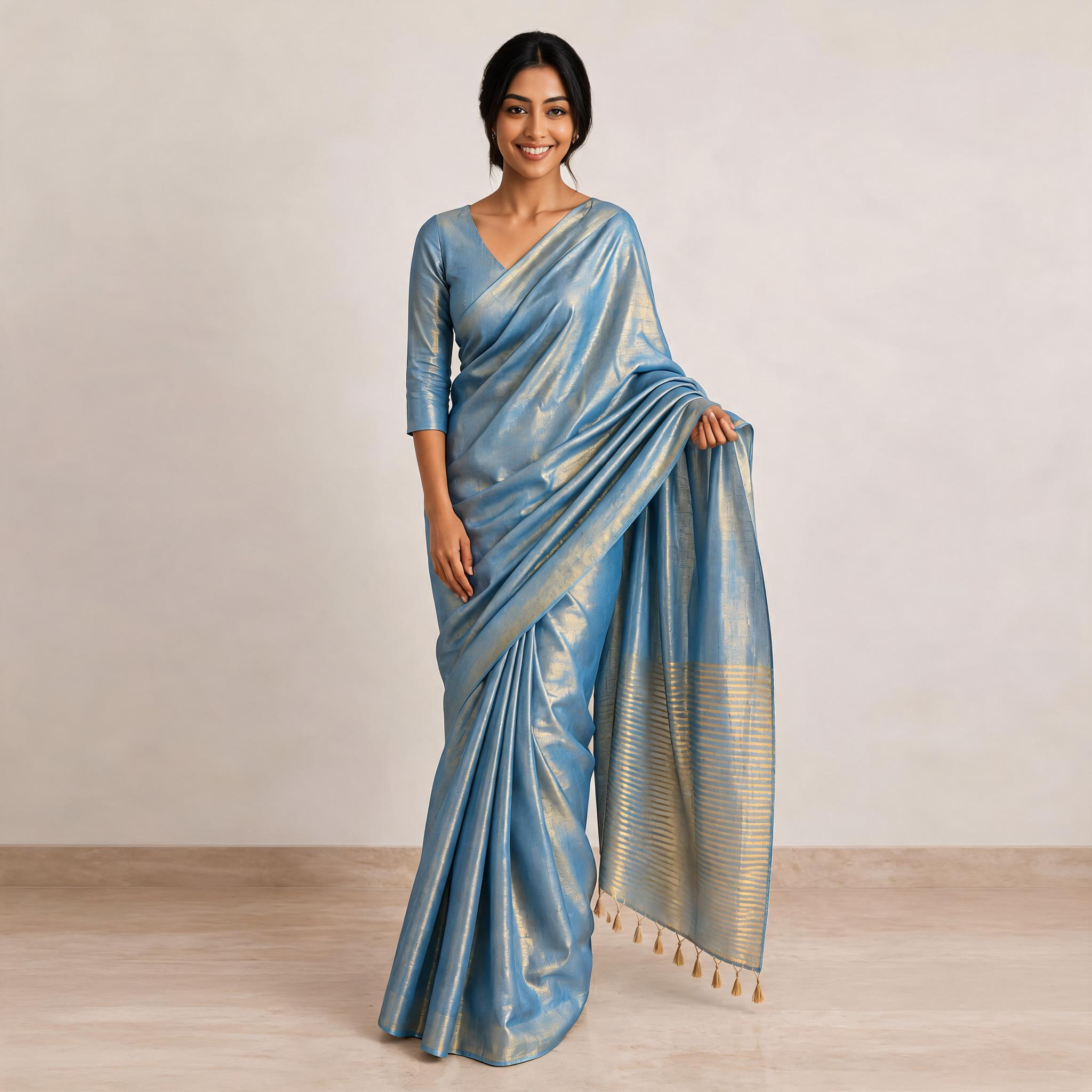 Blue Organic Tissue Woven Pre Stitched Saree For Women