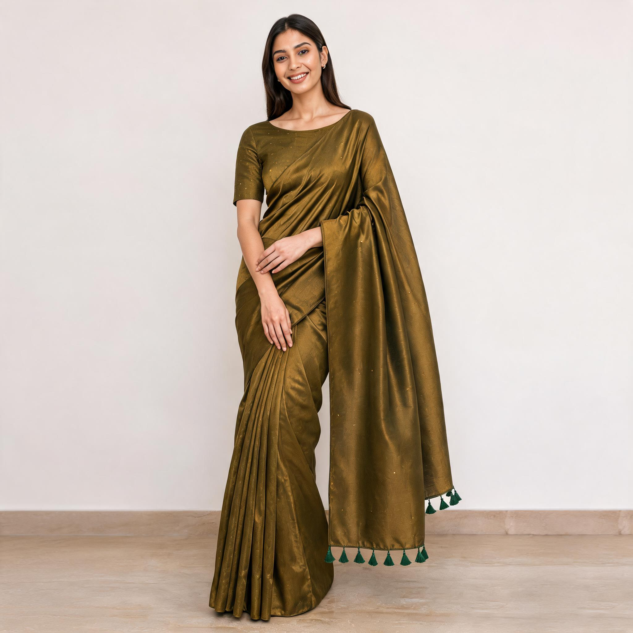 Olive Green Tissue Silk Sequin Pre Stitched Saree For Women